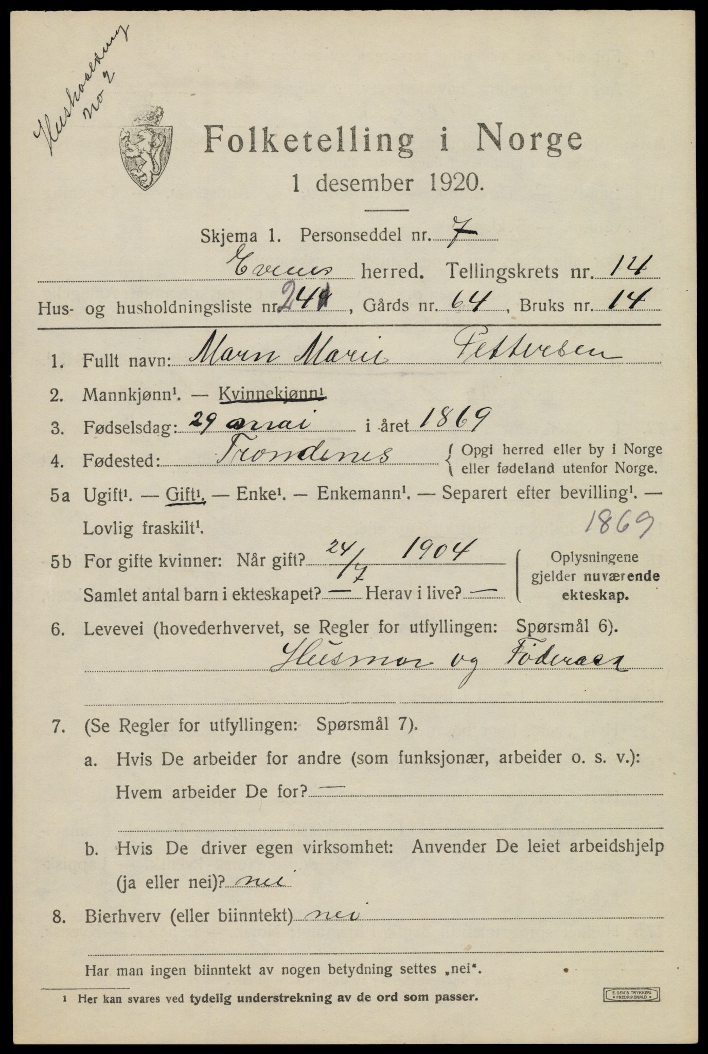 SAT, 1920 census for Evenes, 1920, p. 12486