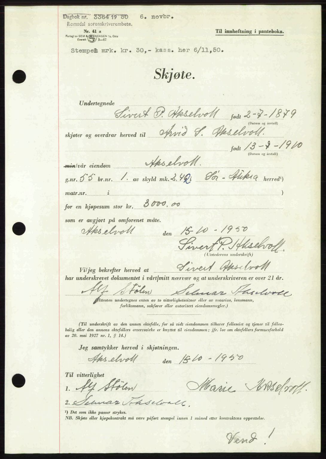 Romsdal sorenskriveri, AV/SAT-A-4149/1/2/2C: Mortgage book no. A34, 1950-1950, Diary no: : 3364/1950