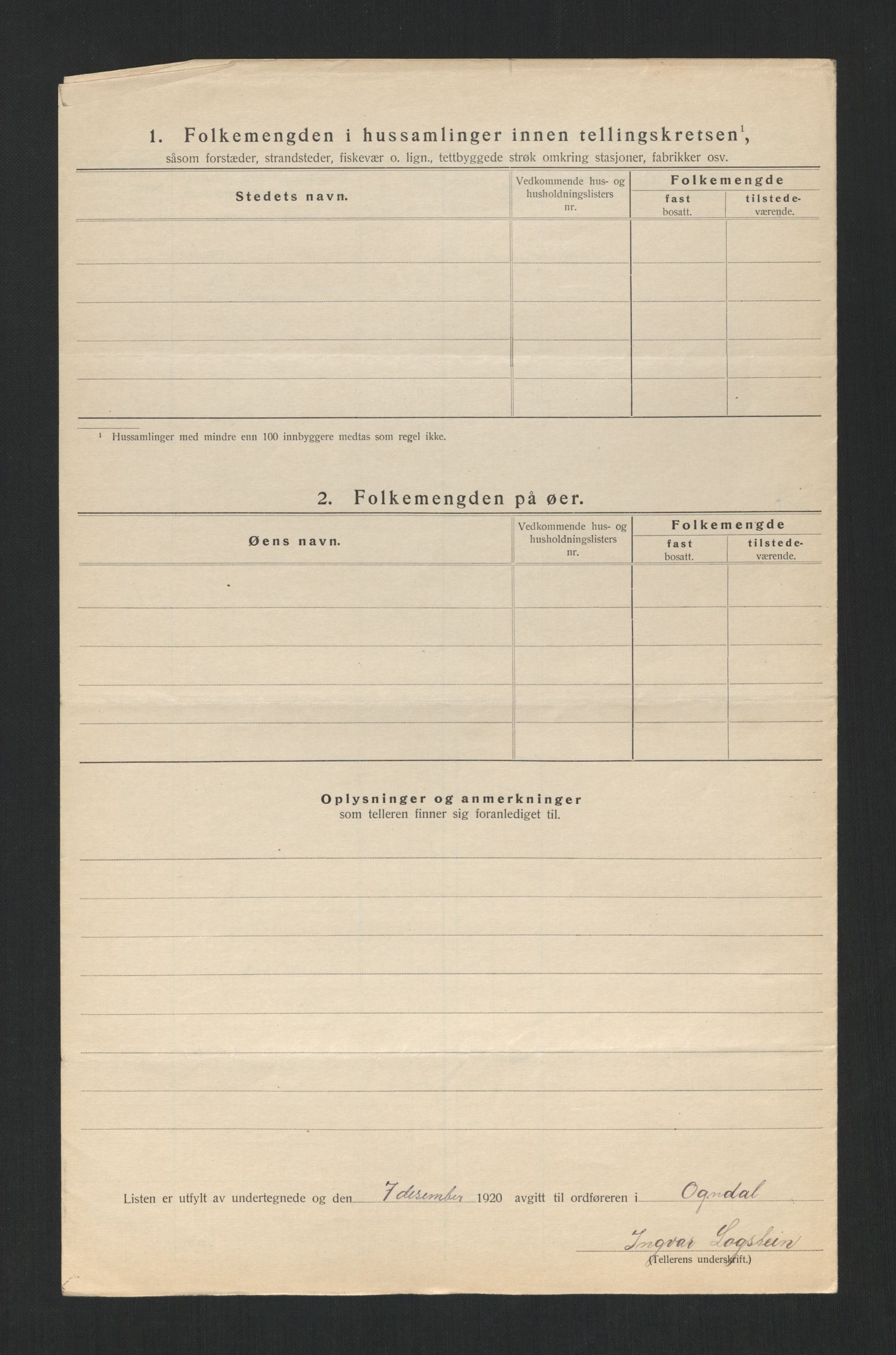 SAT, 1920 census for Ogndal, 1920, p. 10