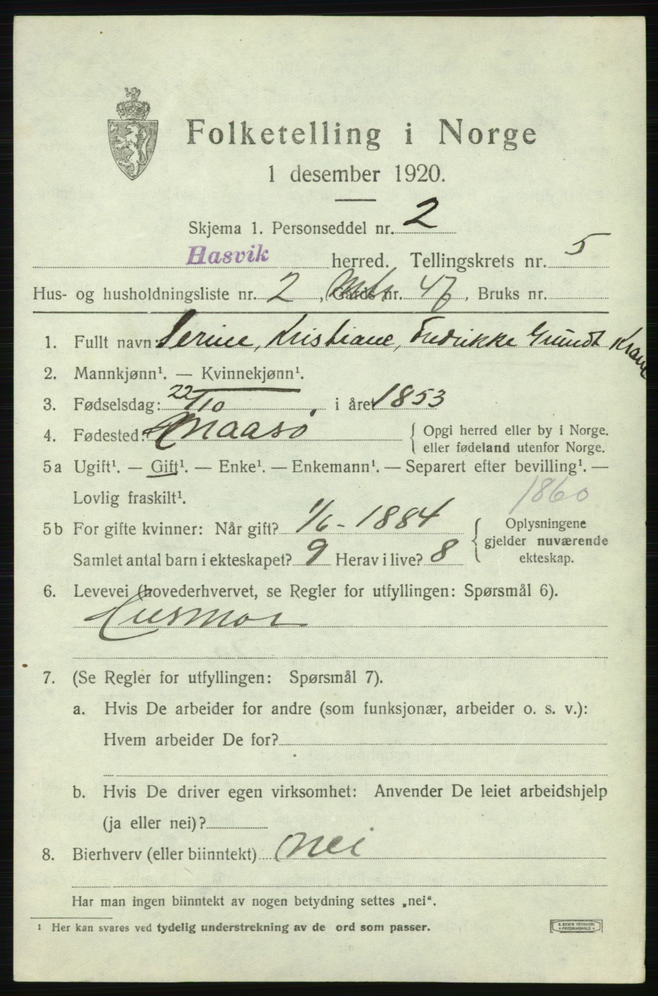 SATØ, 1920 census for Hasvik, 1920, p. 2327