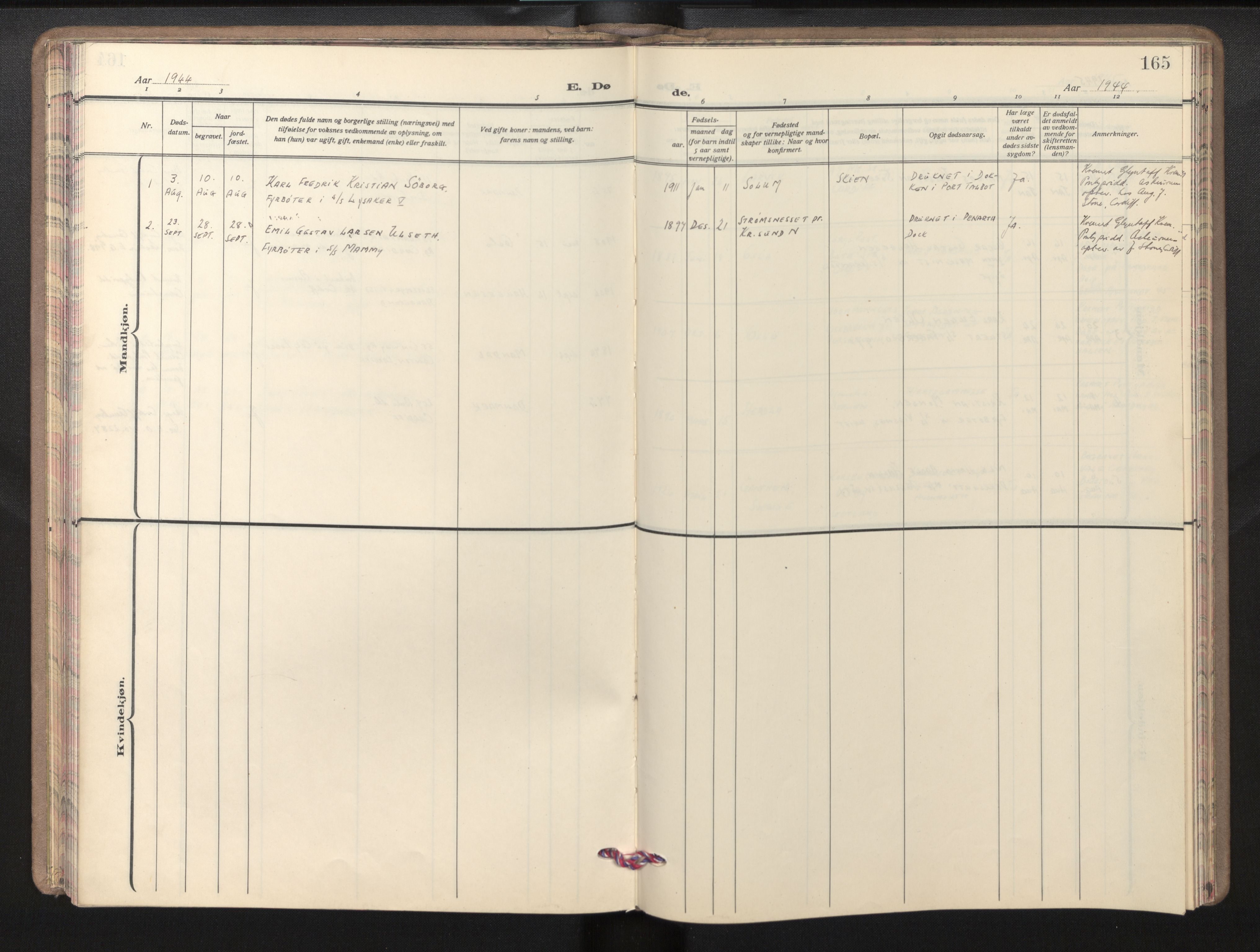 Den norske sjømannsmisjon i utlandet/Bristolhavnene(Cardiff-Swansea), AV/SAB-SAB/PA-0102/H/Ha/Haa/L0003: Parish register (official) no. A 3, 1932-1966, p. 164b-165a