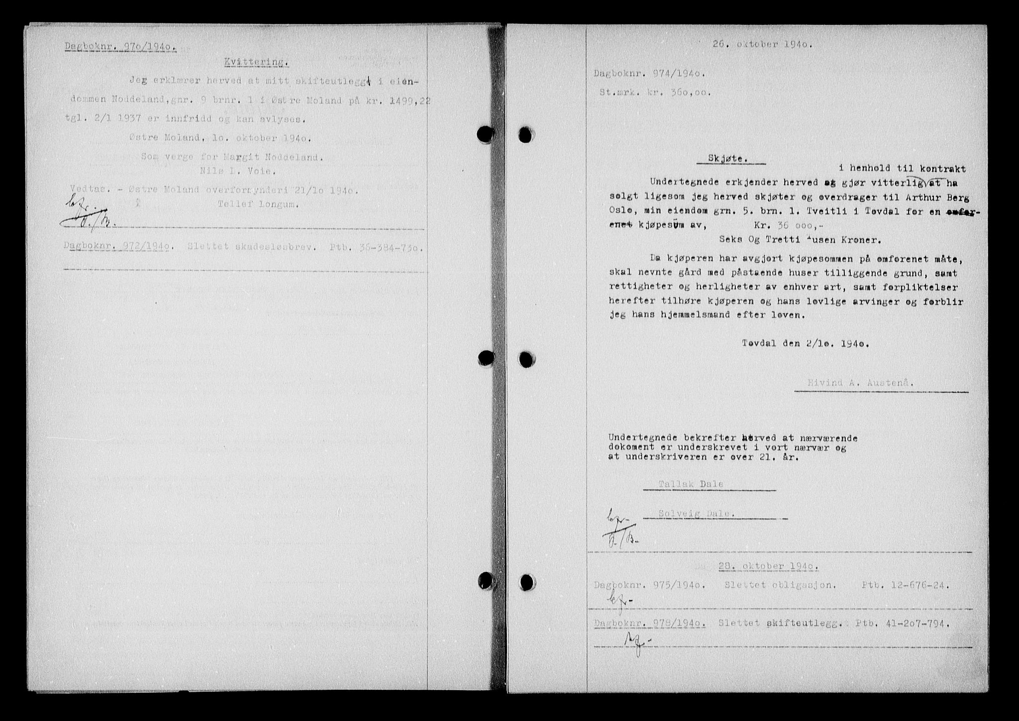 Nedenes sorenskriveri, SAK/1221-0006/G/Gb/Gba/L0048: Mortgage book no. A-II, 1940-1941, Diary no: : 970/1940