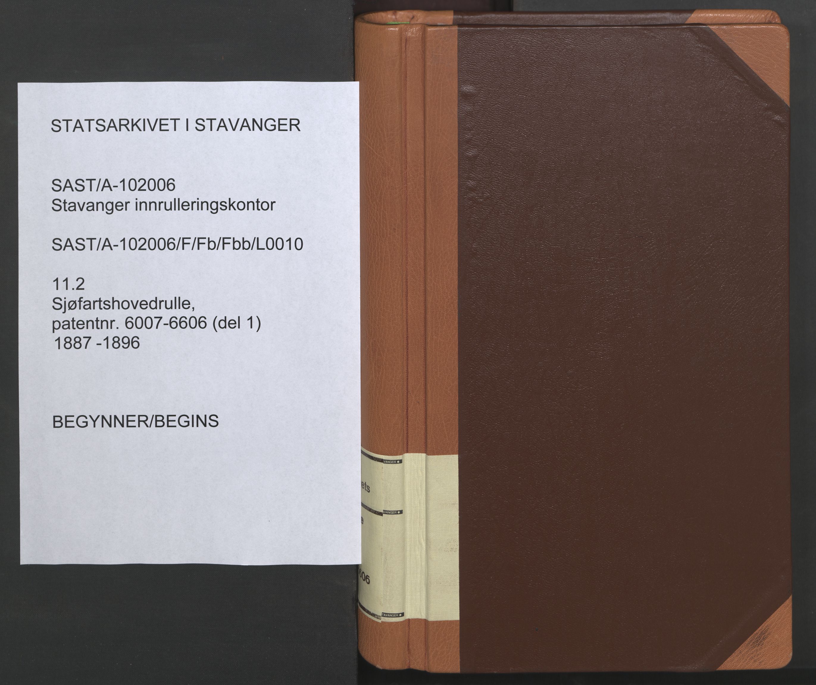 Stavanger sjømannskontor, SAST/A-102006/F/Fb/Fbb/L0010: Sjøfartshovedrulle, patentnr. 6007-6606 (del 1), 1887-1896, p. 1