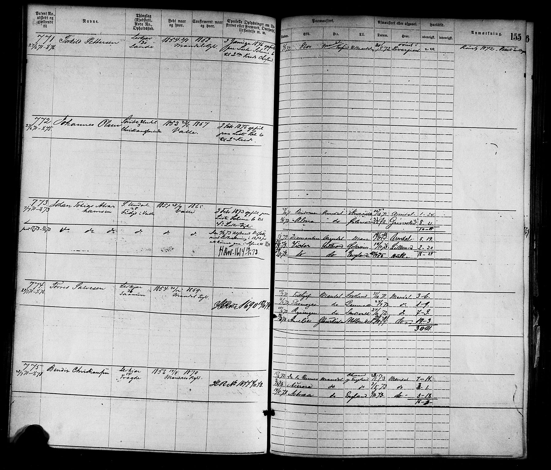 Mandal mønstringskrets, AV/SAK-2031-0016/F/Fa/L0001: Annotasjonsrulle nr 1-1920 med register, L-3, 1869-1881, p. 187