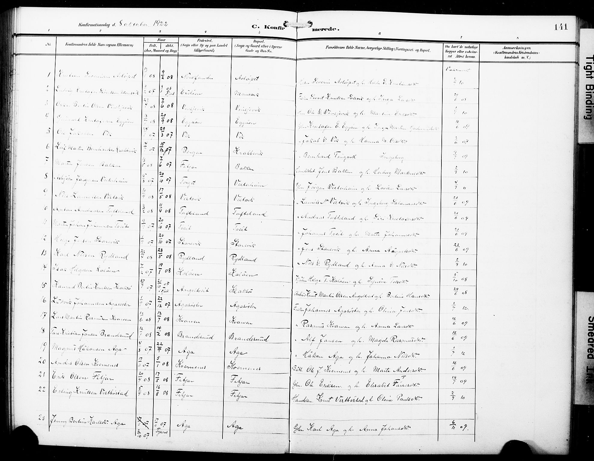 Fitjar sokneprestembete, SAB/A-99926: Parish register (copy) no. B 1, 1906-1928, p. 141