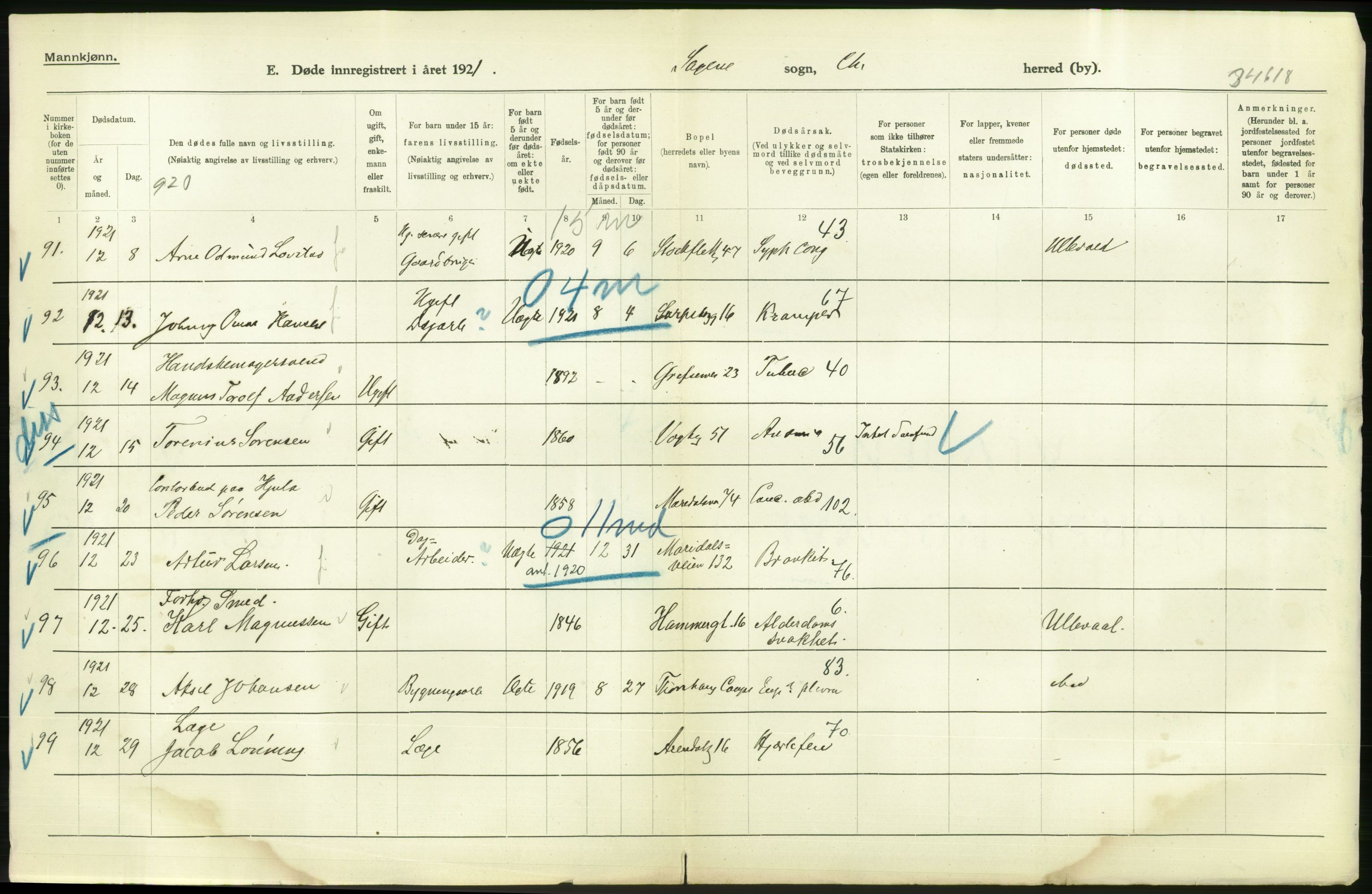 Statistisk sentralbyrå, Sosiodemografiske emner, Befolkning, AV/RA-S-2228/D/Df/Dfc/Dfca/L0013: Kristiania: Døde, dødfødte, 1921, p. 98