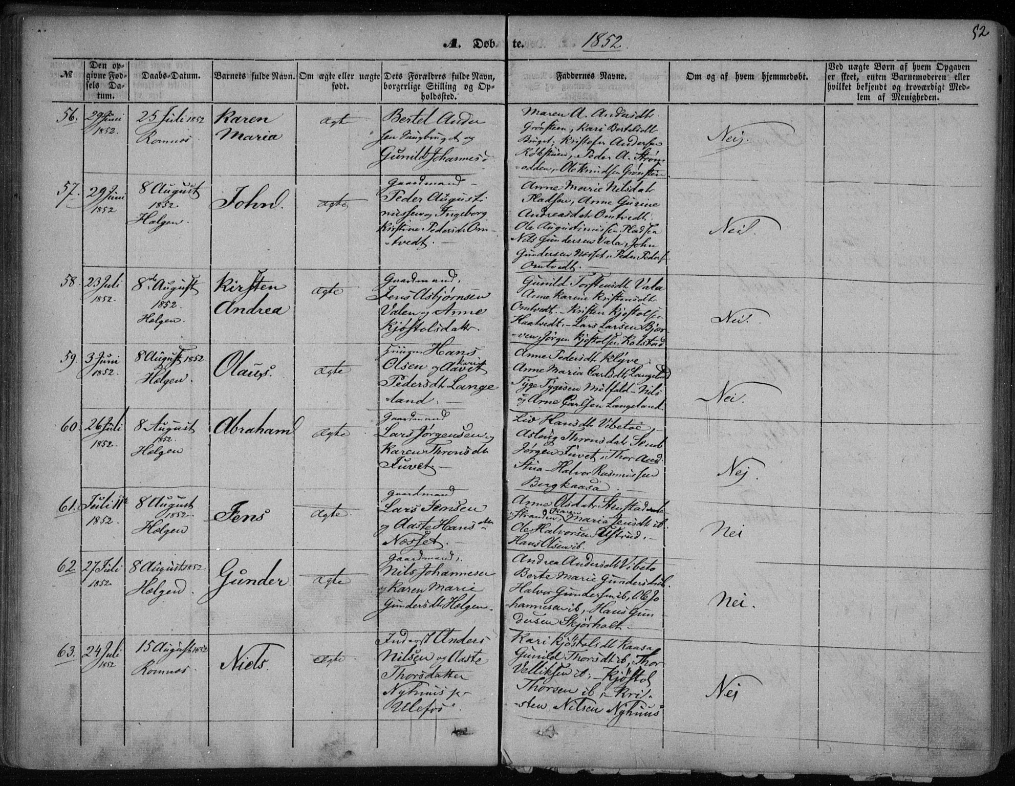 Holla kirkebøker, SAKO/A-272/F/Fa/L0005: Parish register (official) no. 5, 1849-1860, p. 52