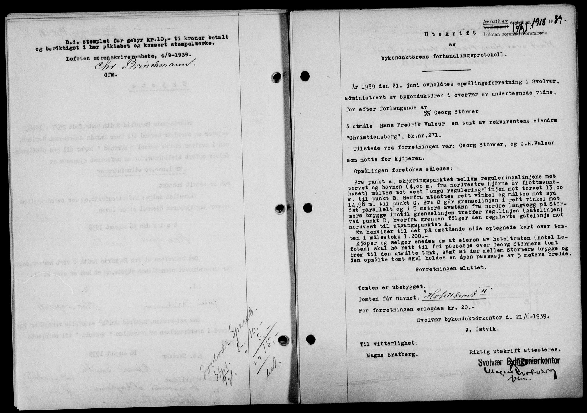 Lofoten sorenskriveri, SAT/A-0017/1/2/2C/L0006a: Mortgage book no. 6a, 1939-1939, Diary no: : 1918/1939