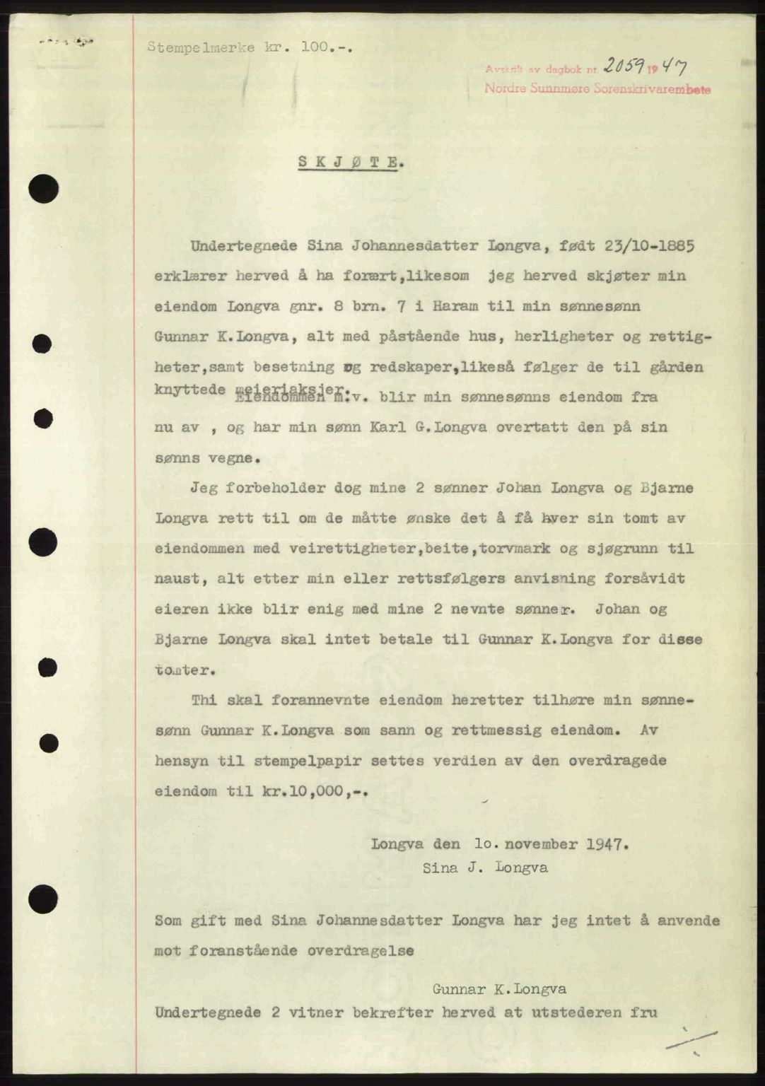 Nordre Sunnmøre sorenskriveri, AV/SAT-A-0006/1/2/2C/2Ca: Mortgage book no. A26, 1947-1948, Diary no: : 2059/1947