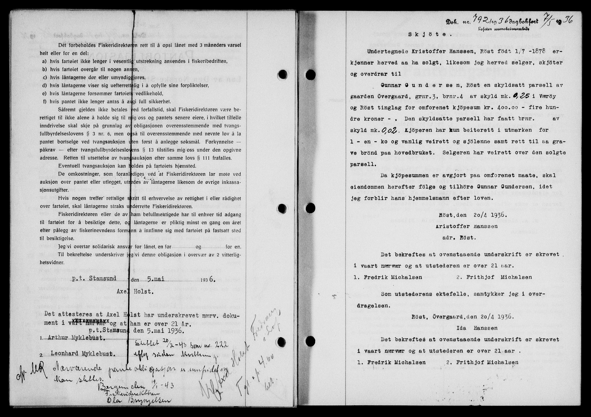 Lofoten sorenskriveri, SAT/A-0017/1/2/2C/L0033b: Mortgage book no. 33b, 1936-1936, Diary no: : 792/1936
