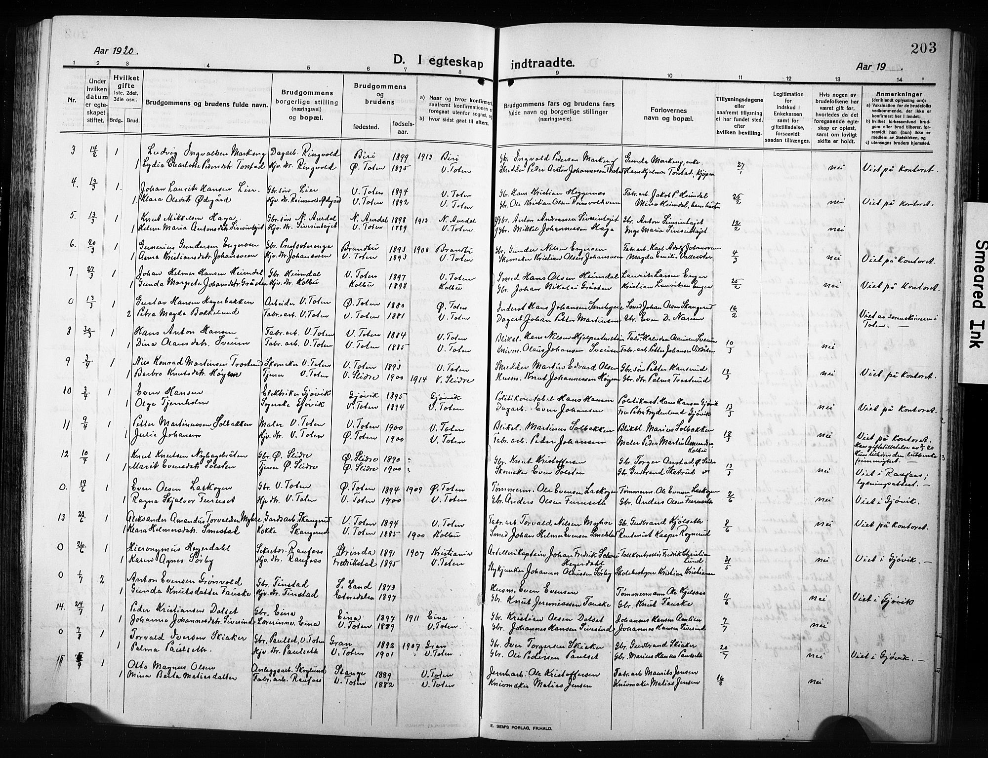Vestre Toten prestekontor, SAH/PREST-108/H/Ha/Hab/L0012: Parish register (copy) no. 12, 1909-1928, p. 203