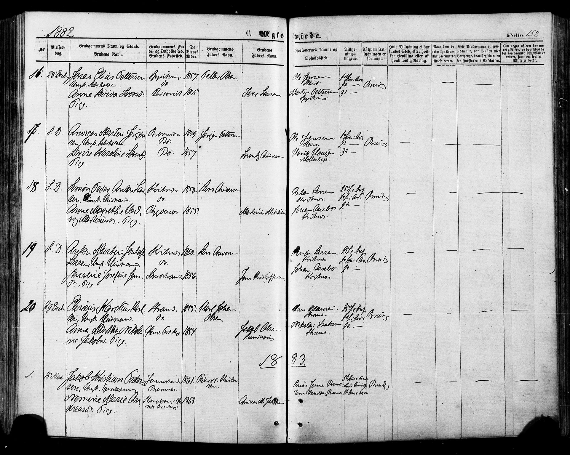 Ministerialprotokoller, klokkerbøker og fødselsregistre - Nordland, AV/SAT-A-1459/895/L1370: Parish register (official) no. 895A05, 1873-1884, p. 152