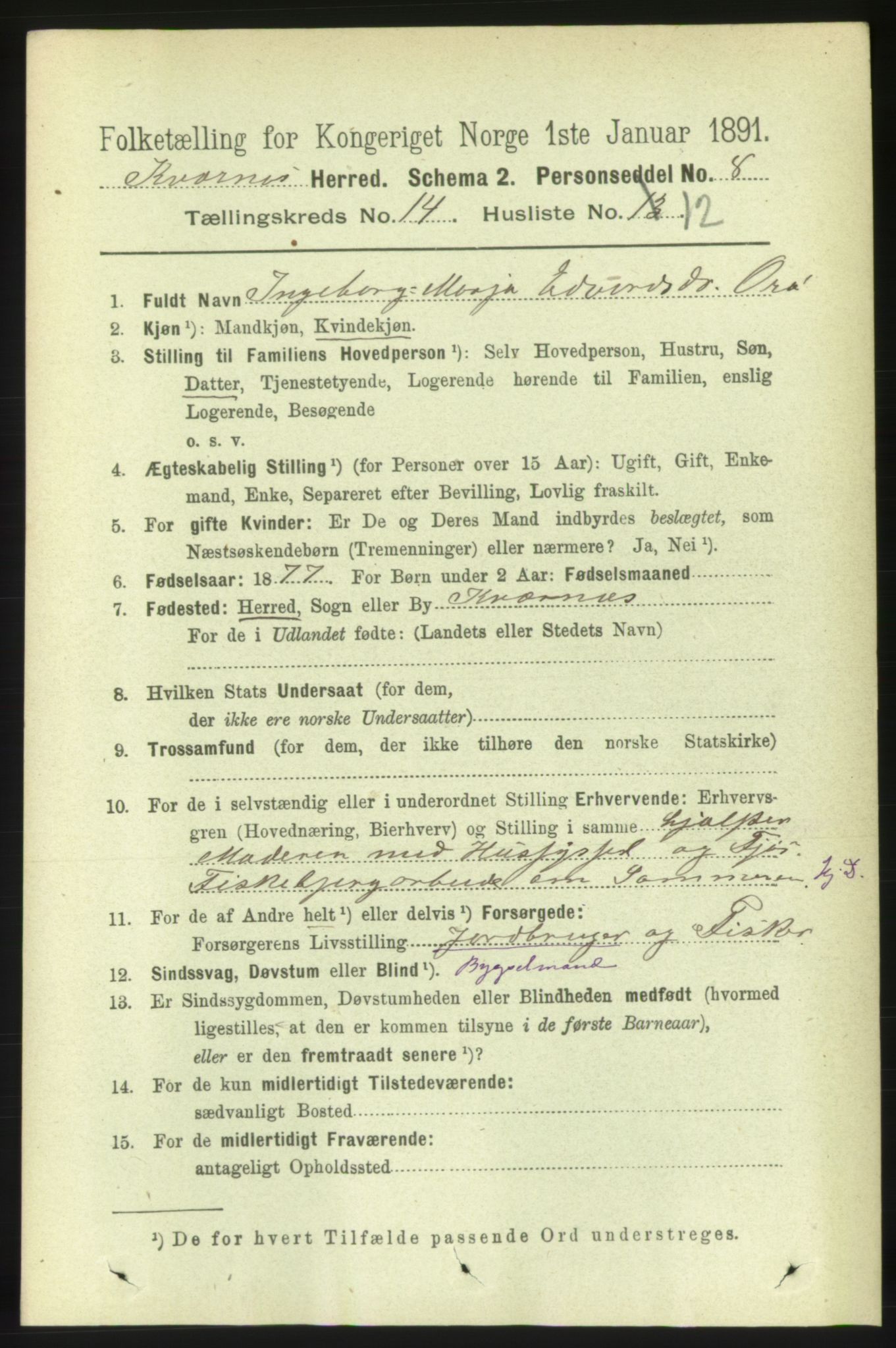 RA, 1891 census for 1553 Kvernes, 1891, p. 5804