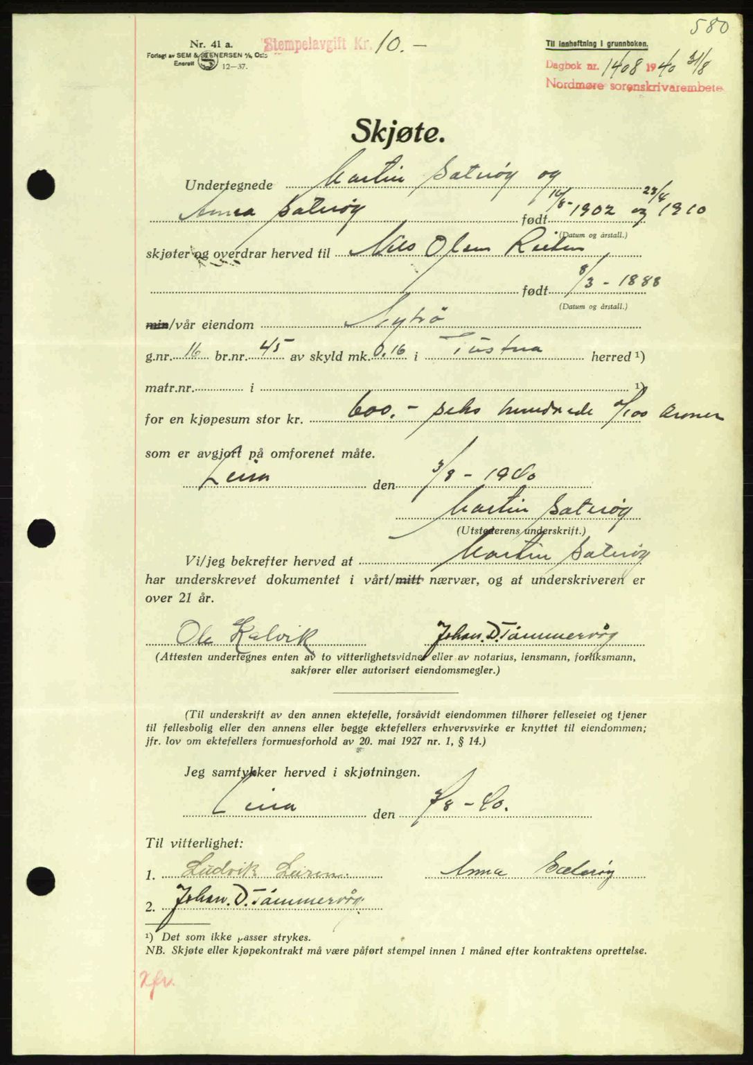 Nordmøre sorenskriveri, AV/SAT-A-4132/1/2/2Ca: Mortgage book no. A88, 1940-1940, Diary no: : 1408/1940