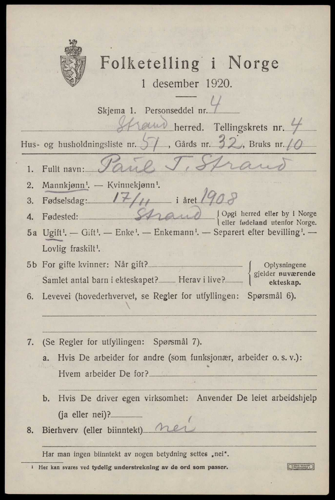 SAST, 1920 census for Strand, 1920, p. 3542