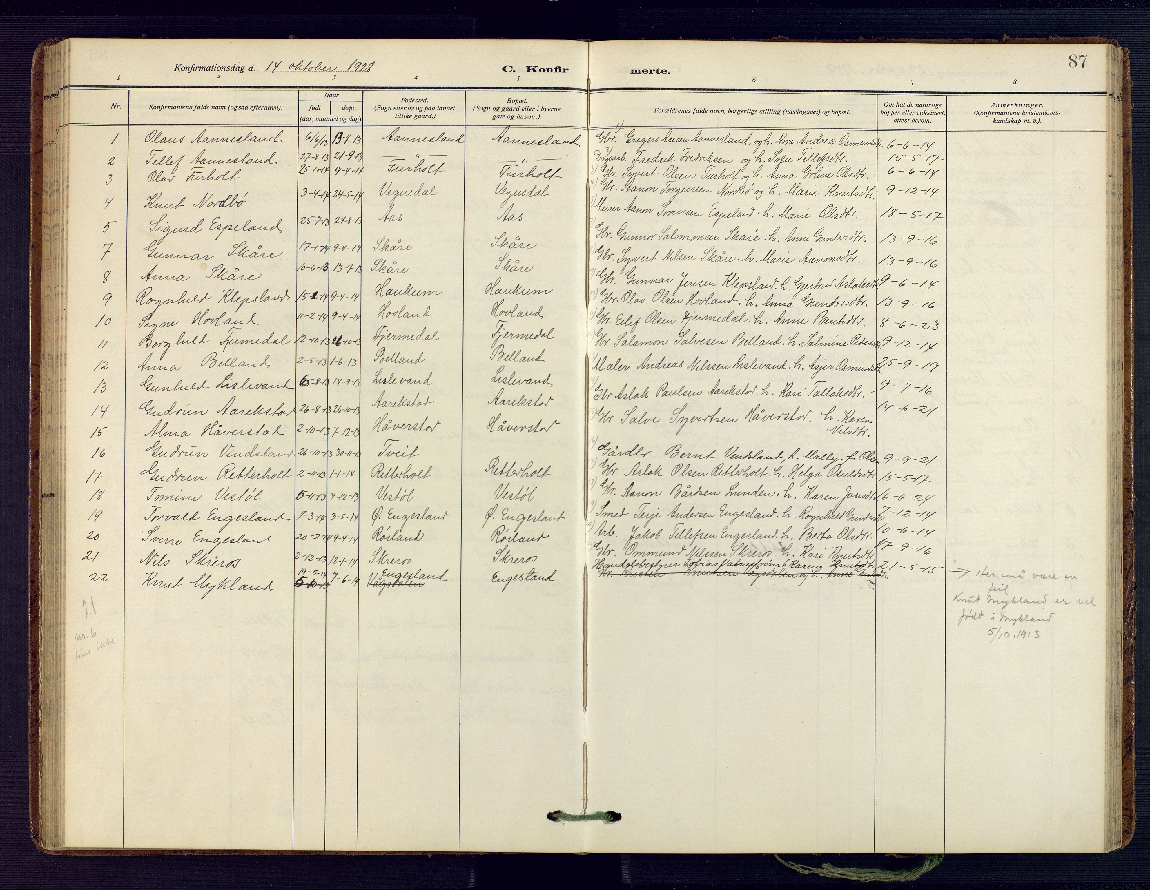 Herefoss sokneprestkontor, SAK/1111-0019/F/Fa/Fab/L0005: Parish register (official) no. A 5, 1910-1932, p. 87
