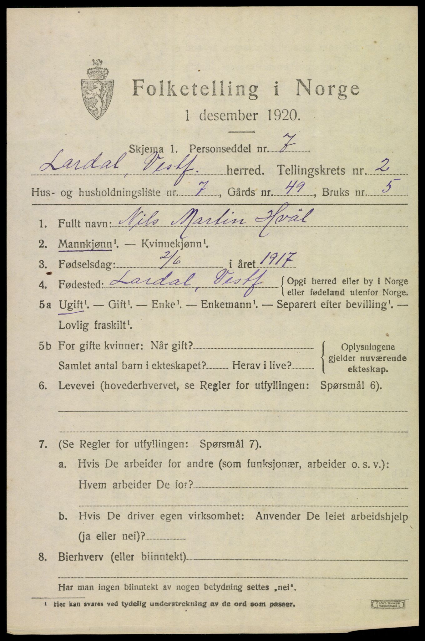 SAKO, 1920 census for Lardal, 1920, p. 2033