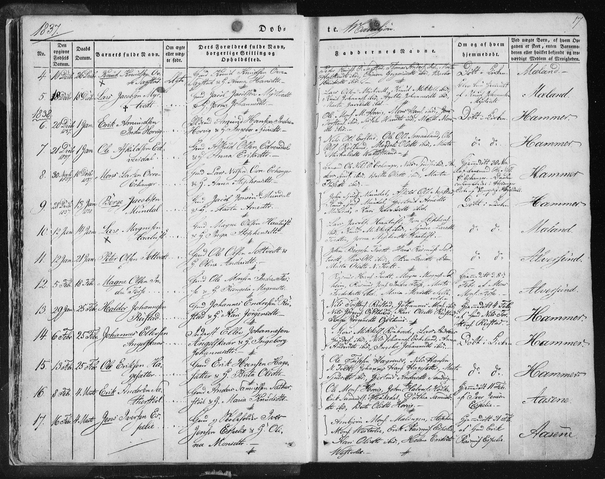 Hamre sokneprestembete, AV/SAB-A-75501/H/Ha/Haa/Haaa/L0012: Parish register (official) no. A 12, 1834-1845, p. 17