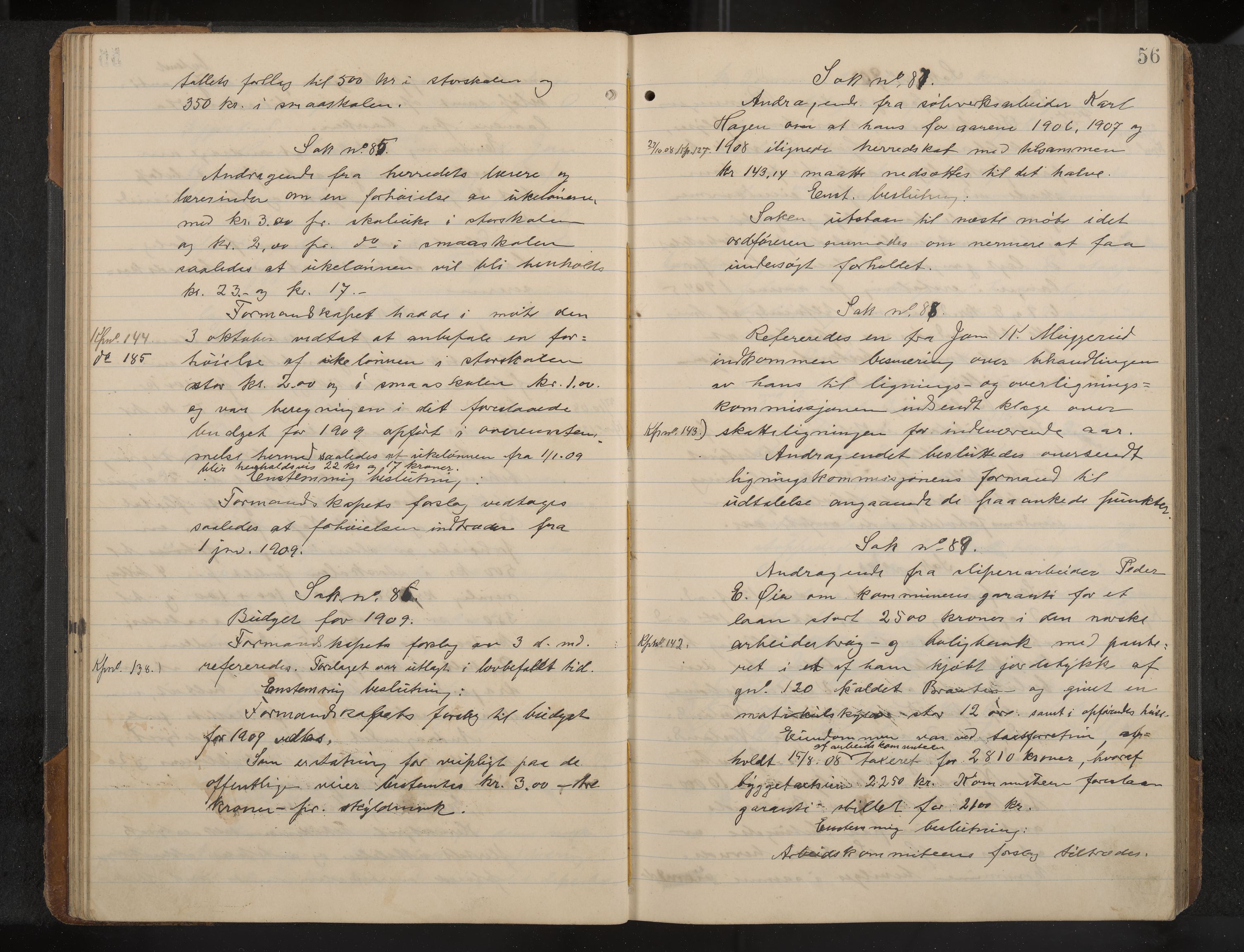 Øvre Sandsvær formannskap og sentraladministrasjon, IKAK/0630021/A/L0001: Møtebok med register, 1908-1913, p. 56