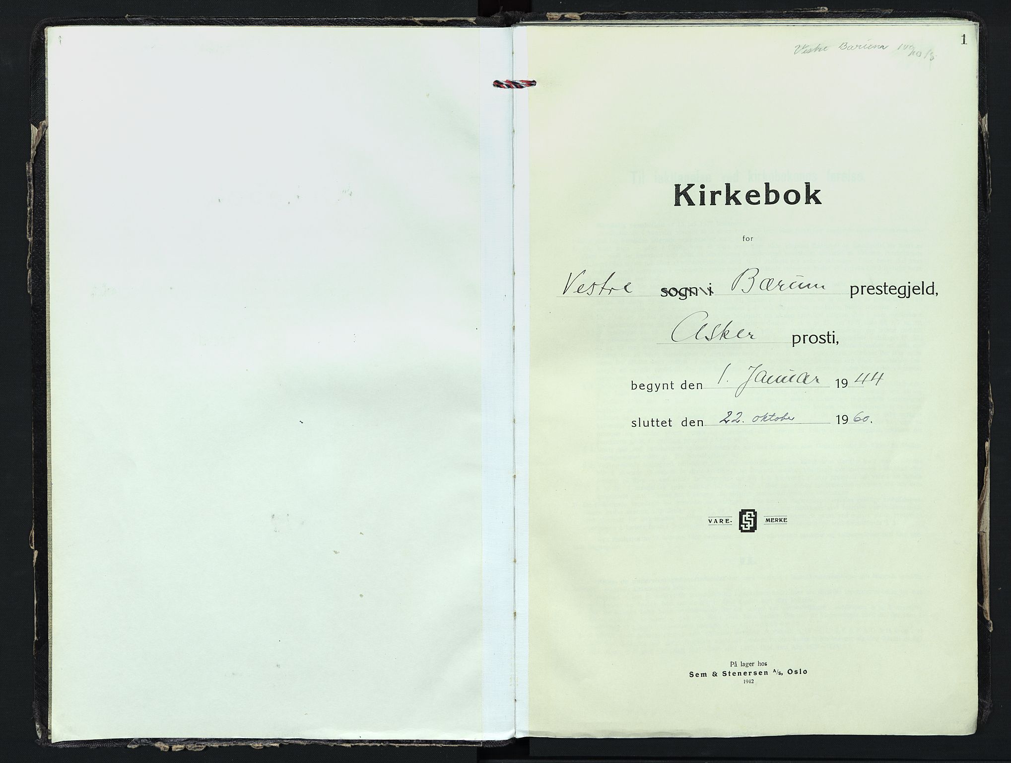 Vestre Bærum prestekontor Kirkebøker, SAO/A-10209a/F/Fa/L0007: Parish register (official) no. 7, 1944-1960, p. 1