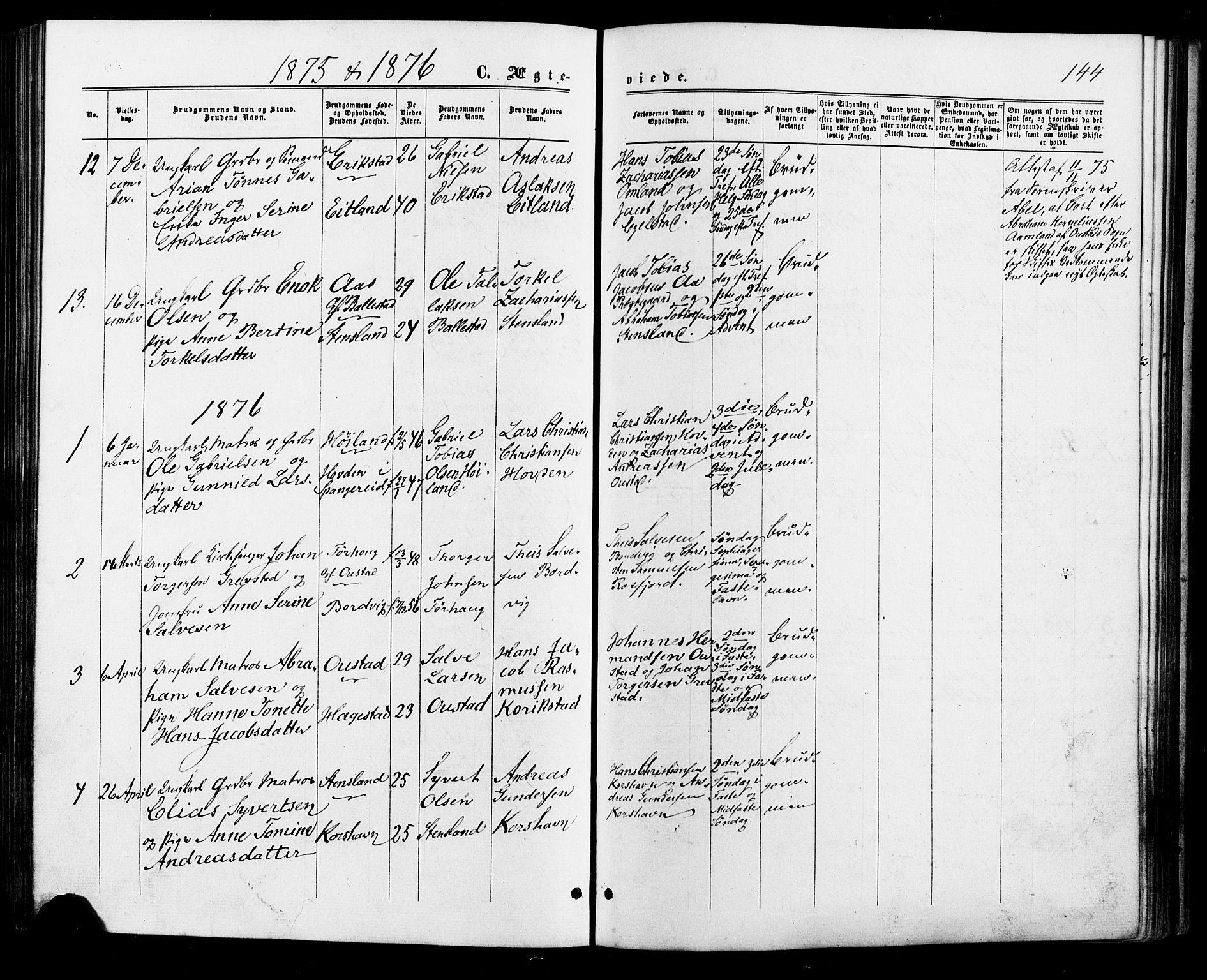 Lyngdal sokneprestkontor, AV/SAK-1111-0029/F/Fa/Faa/L0003: Parish register (official) no. A 3, 1871-1882, p. 144