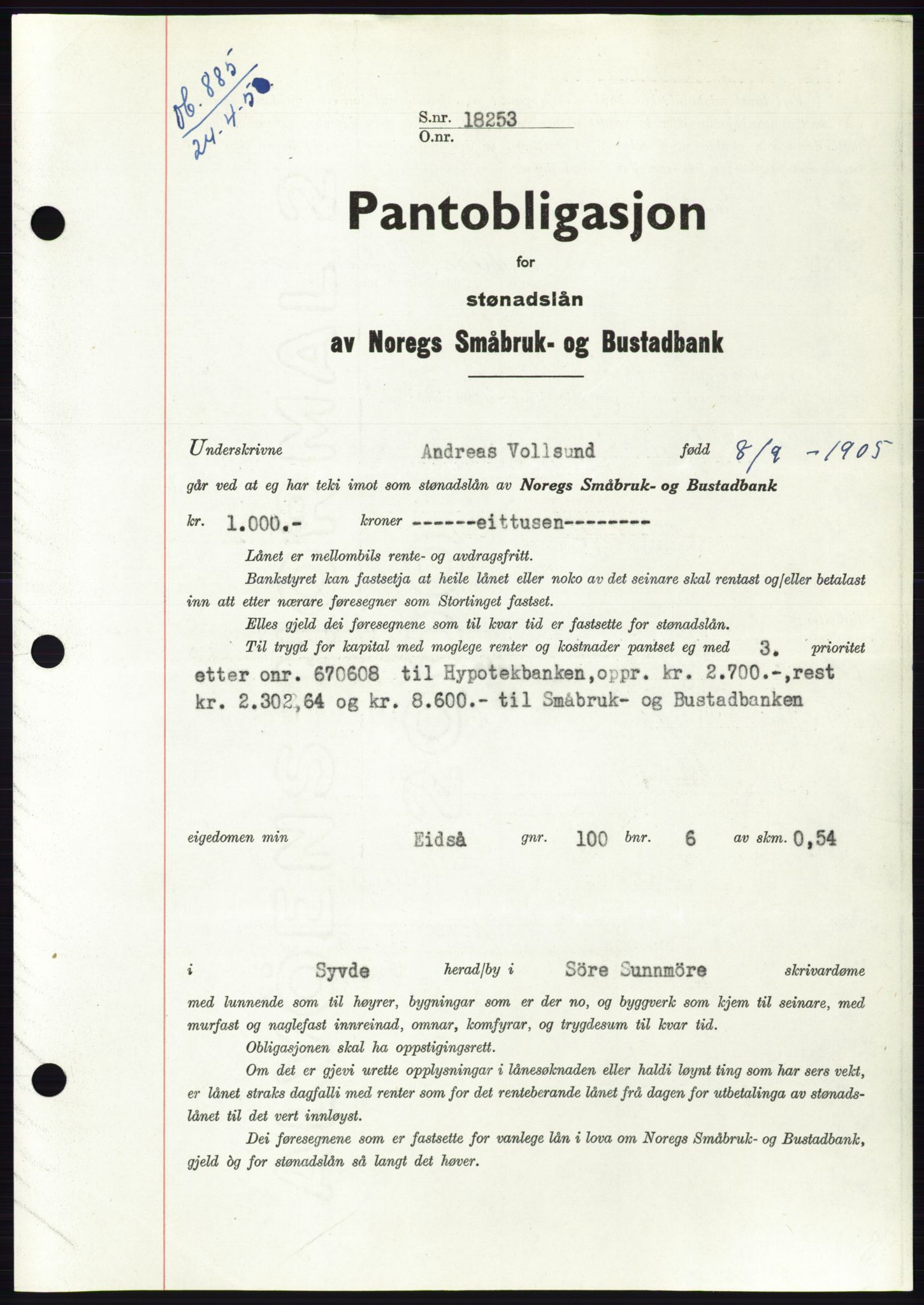 Søre Sunnmøre sorenskriveri, AV/SAT-A-4122/1/2/2C/L0123: Mortgage book no. 11B, 1953-1953, Diary no: : 885/1953