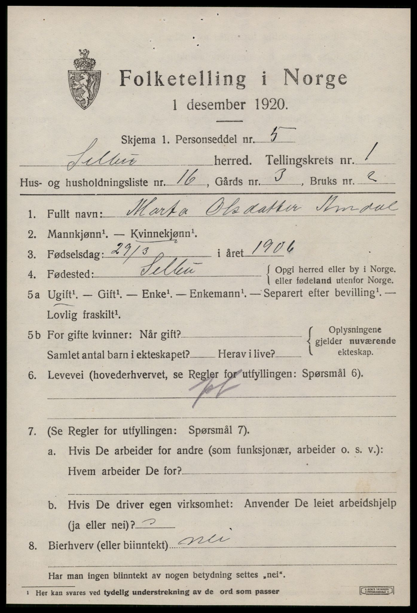 SAT, 1920 census for Selbu, 1920, p. 1914