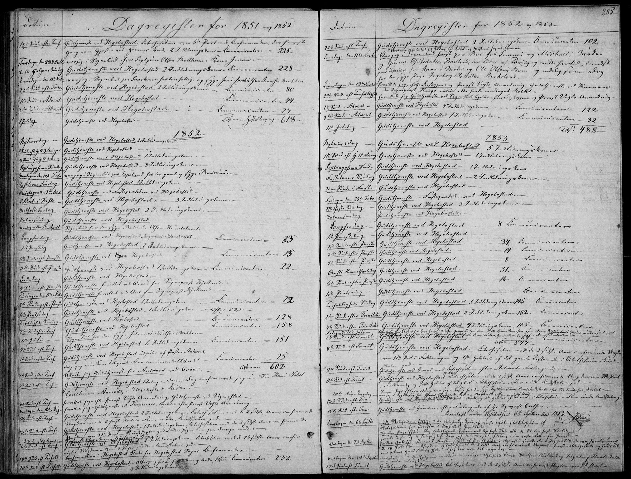 Hægebostad sokneprestkontor, AV/SAK-1111-0024/F/Fa/Faa/L0004: Parish register (official) no. A 4, 1834-1864, p. 285