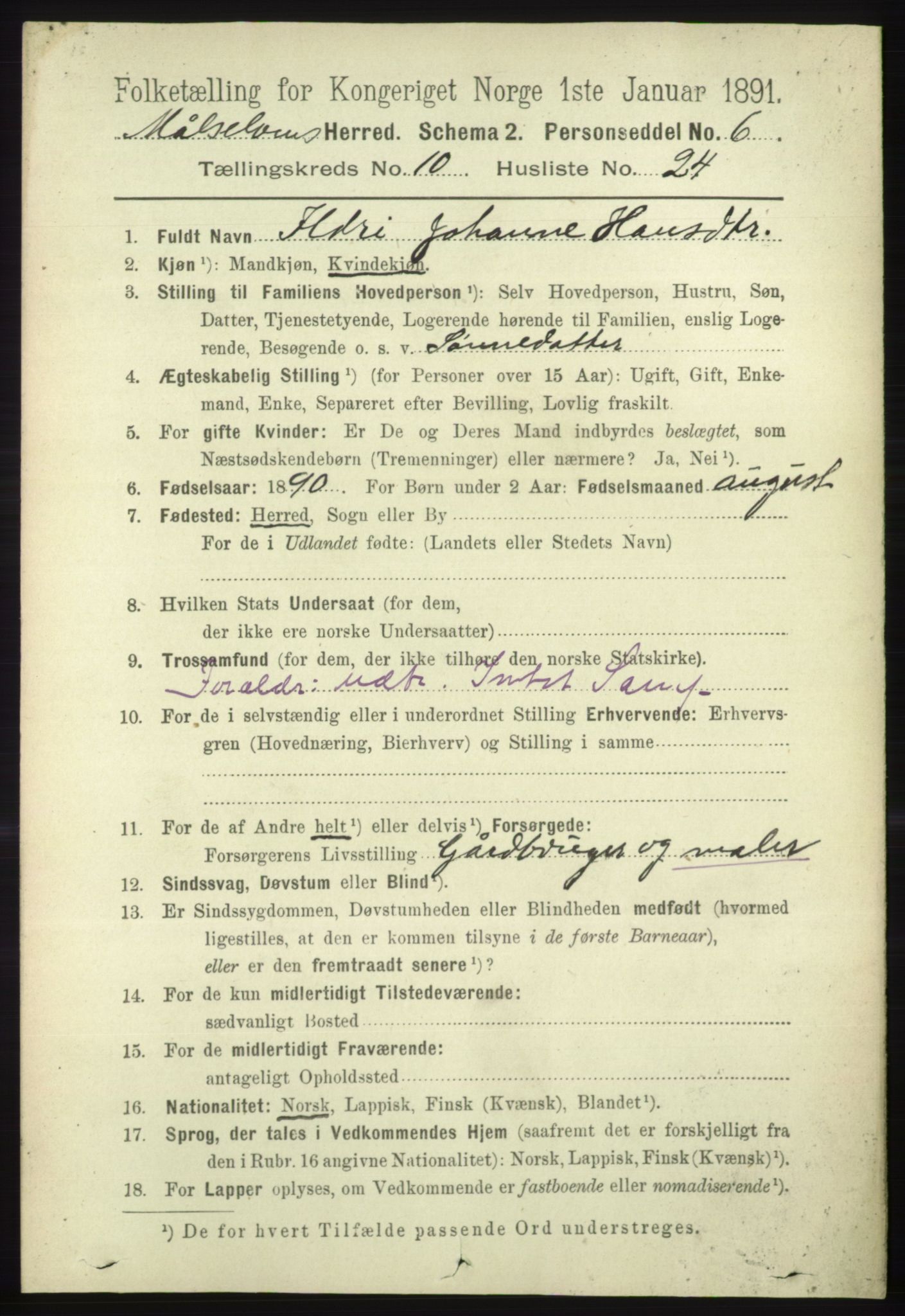 RA, 1891 census for 1924 Målselv, 1891, p. 3182