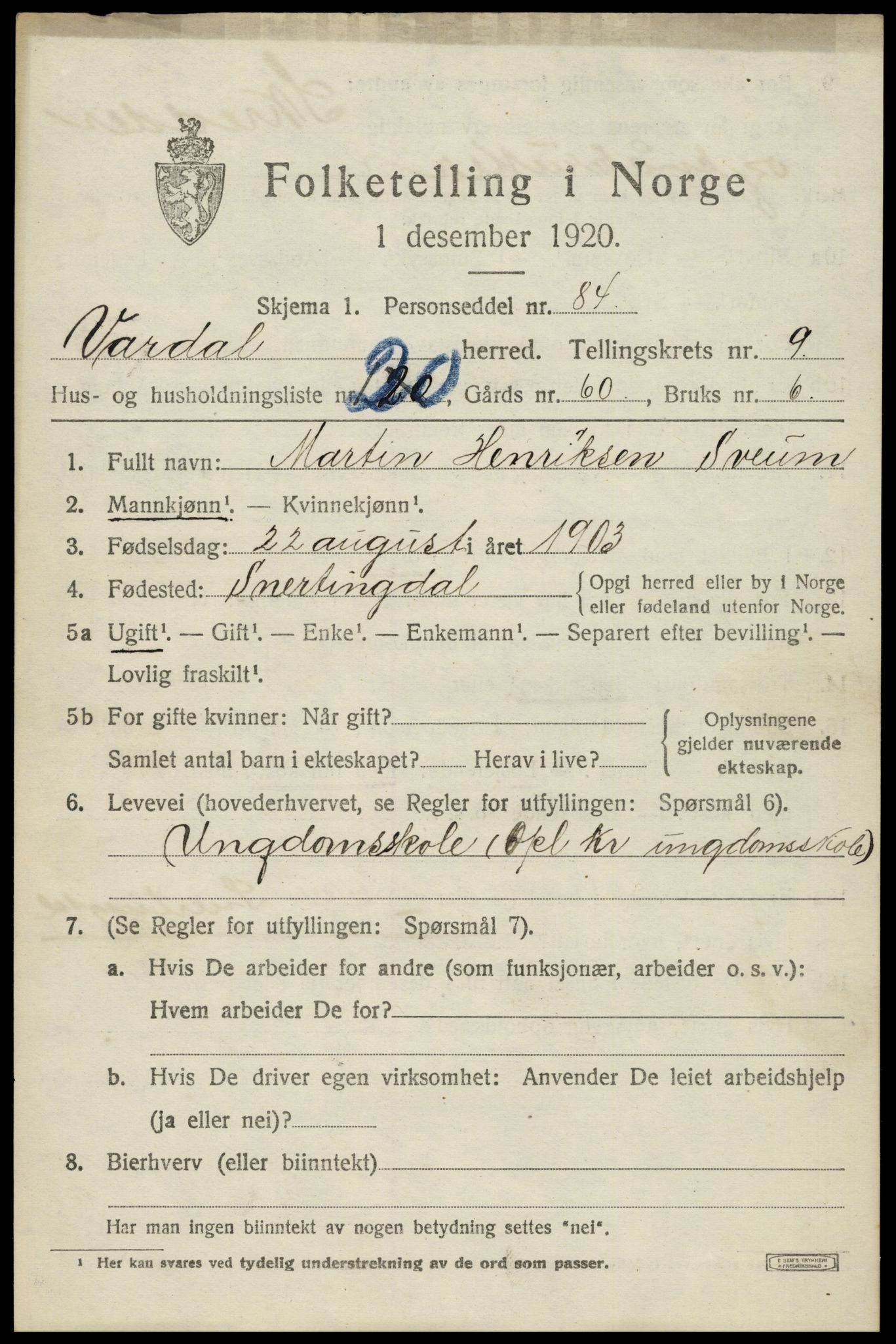 SAH, 1920 census for Vardal, 1920, p. 6889