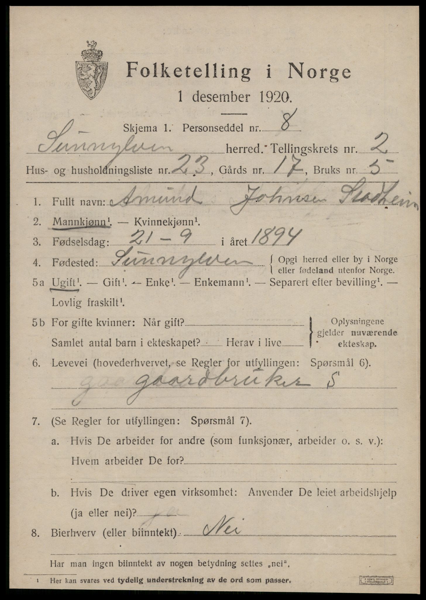 SAT, 1920 census for Sunnylven, 1920, p. 1678