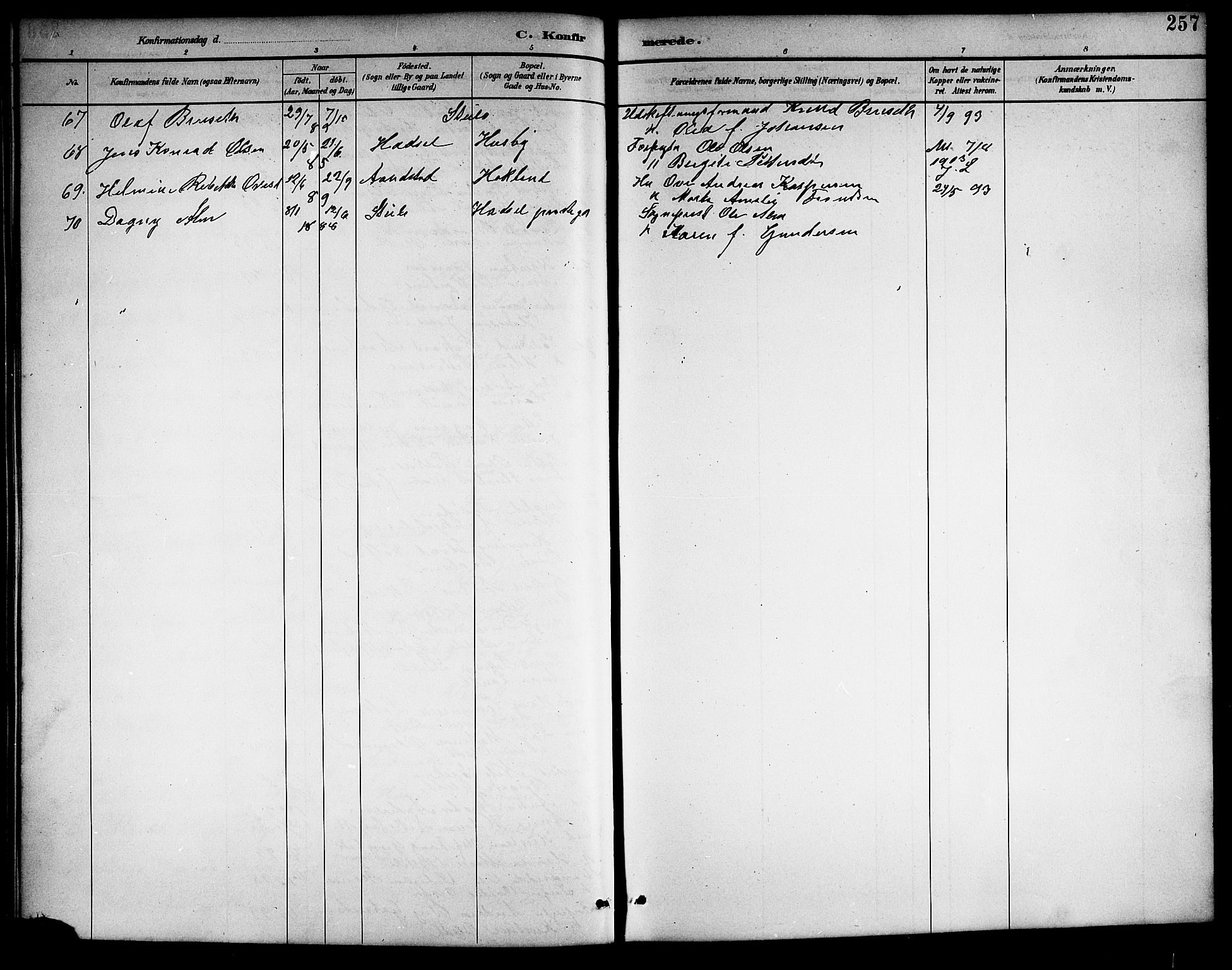 Ministerialprotokoller, klokkerbøker og fødselsregistre - Nordland, AV/SAT-A-1459/888/L1268: Parish register (copy) no. 888C06, 1891-1908, p. 257