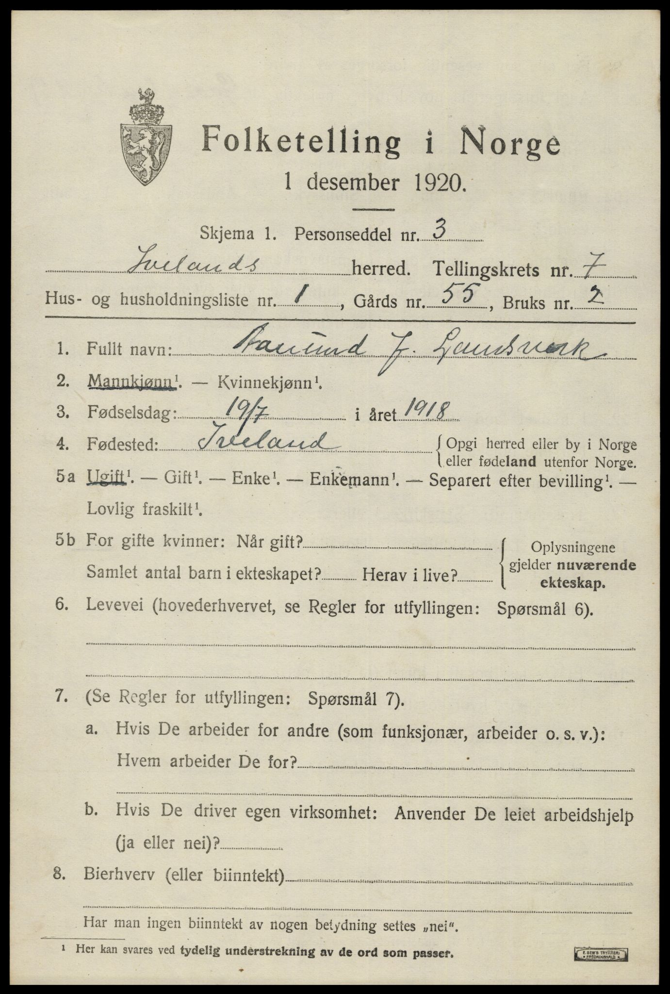 SAK, 1920 census for Iveland, 1920, p. 2127