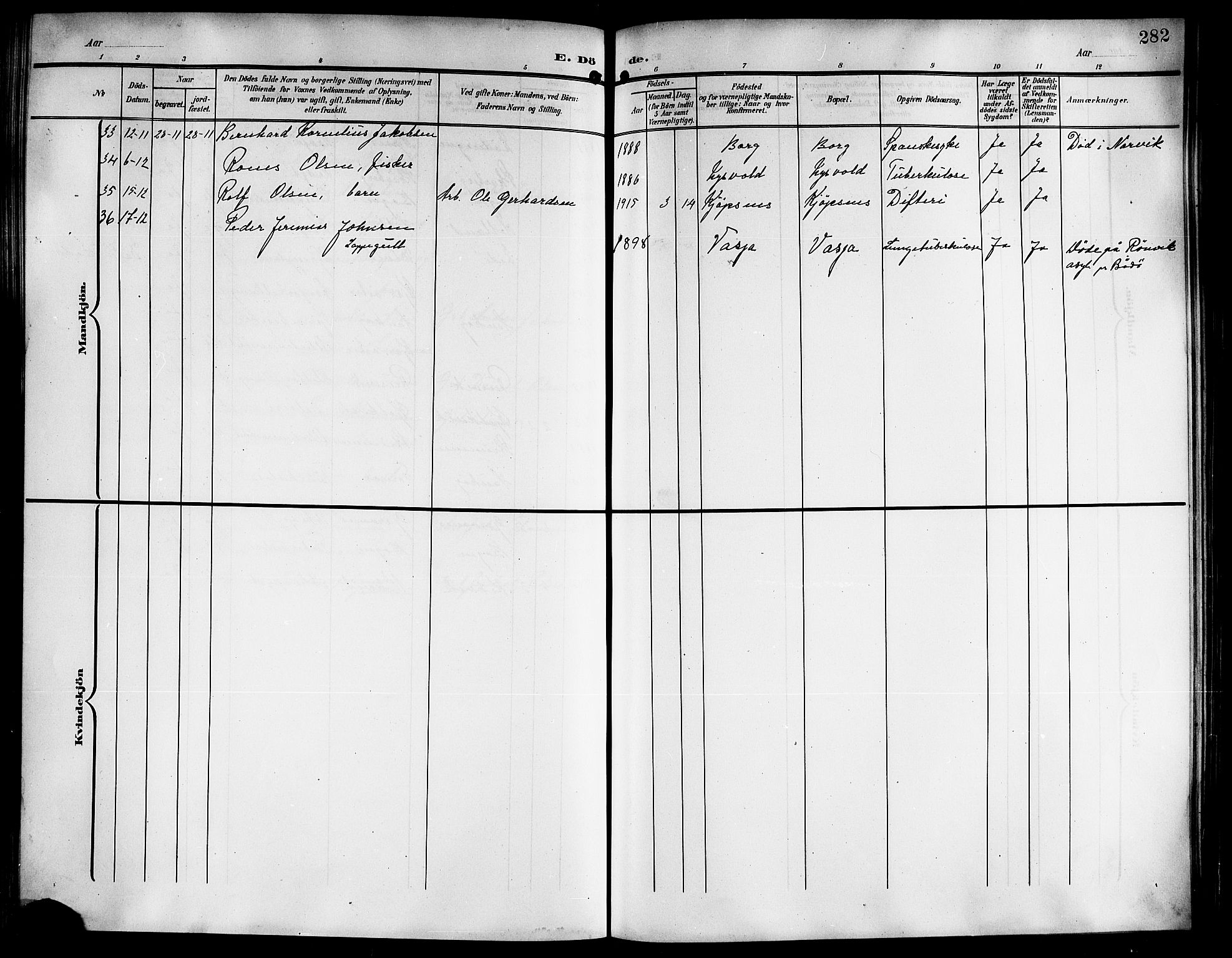 Ministerialprotokoller, klokkerbøker og fødselsregistre - Nordland, AV/SAT-A-1459/861/L0877: Parish register (copy) no. 861C03, 1903-1919, p. 282