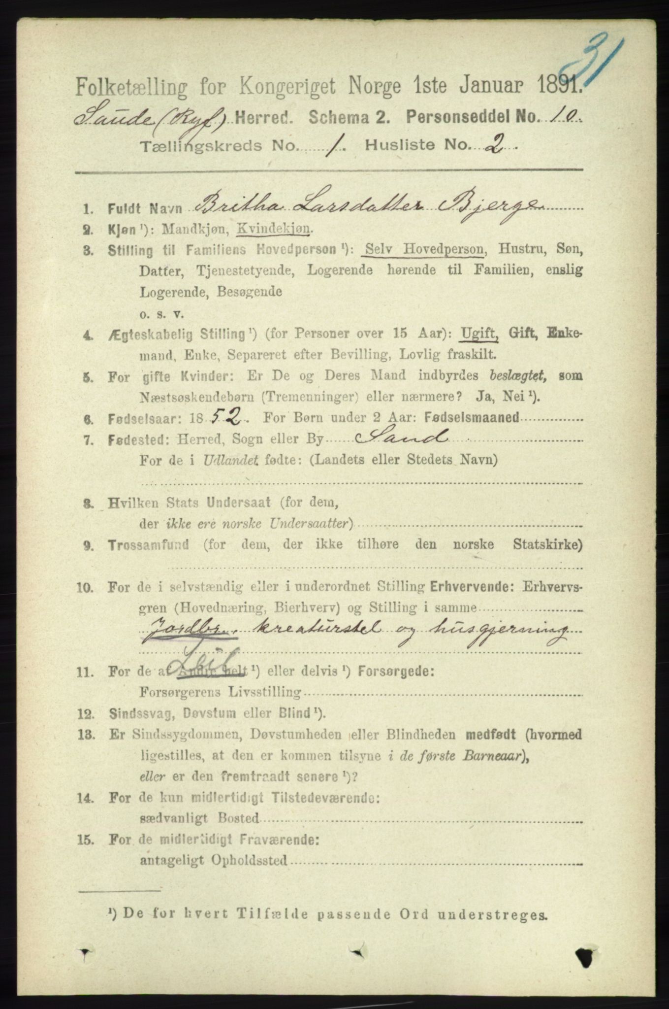 RA, 1891 census for 1135 Sauda, 1891, p. 113