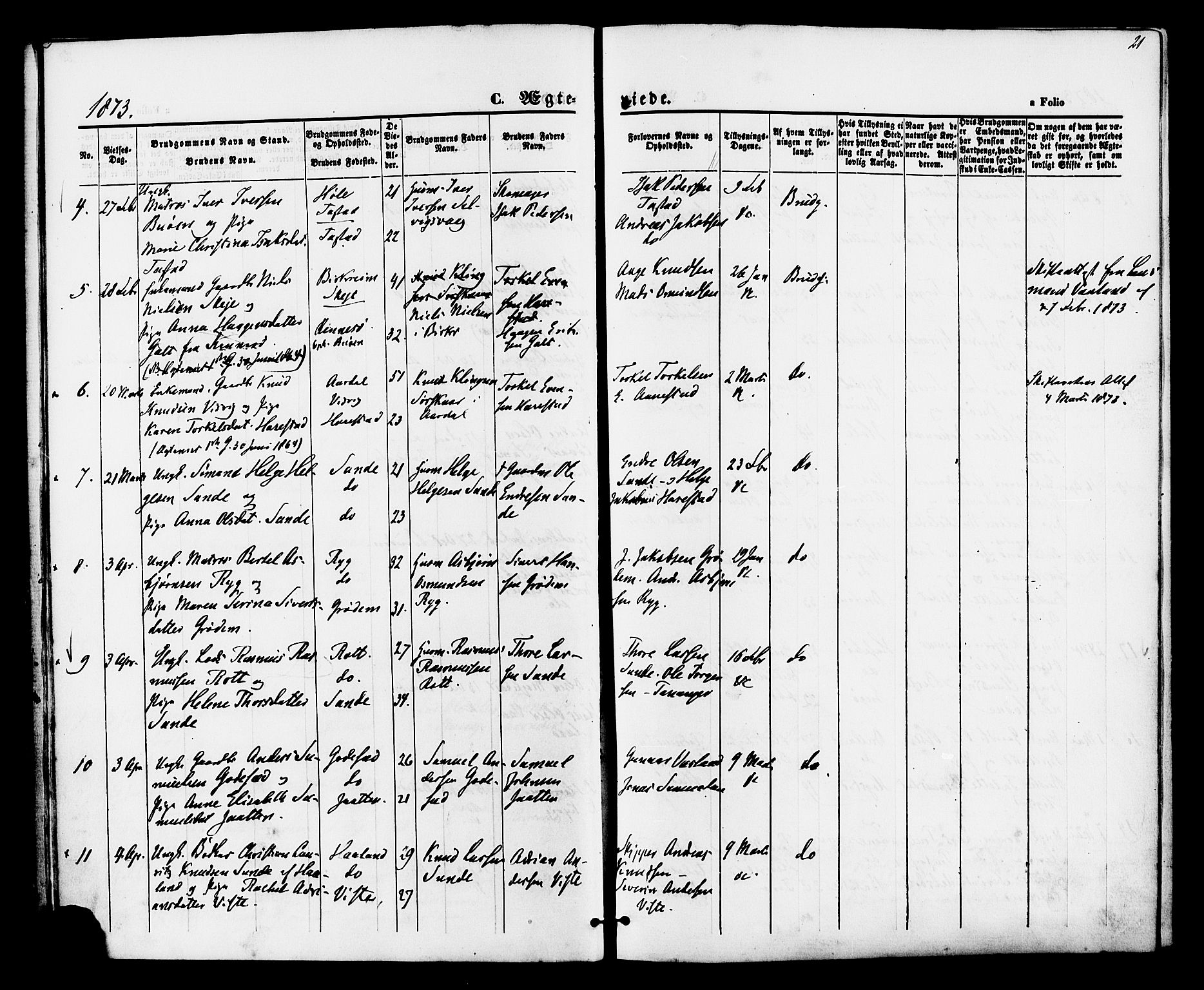 Hetland sokneprestkontor, SAST/A-101826/30/30BA/L0005: Parish register (official) no. A 5, 1869-1884, p. 21