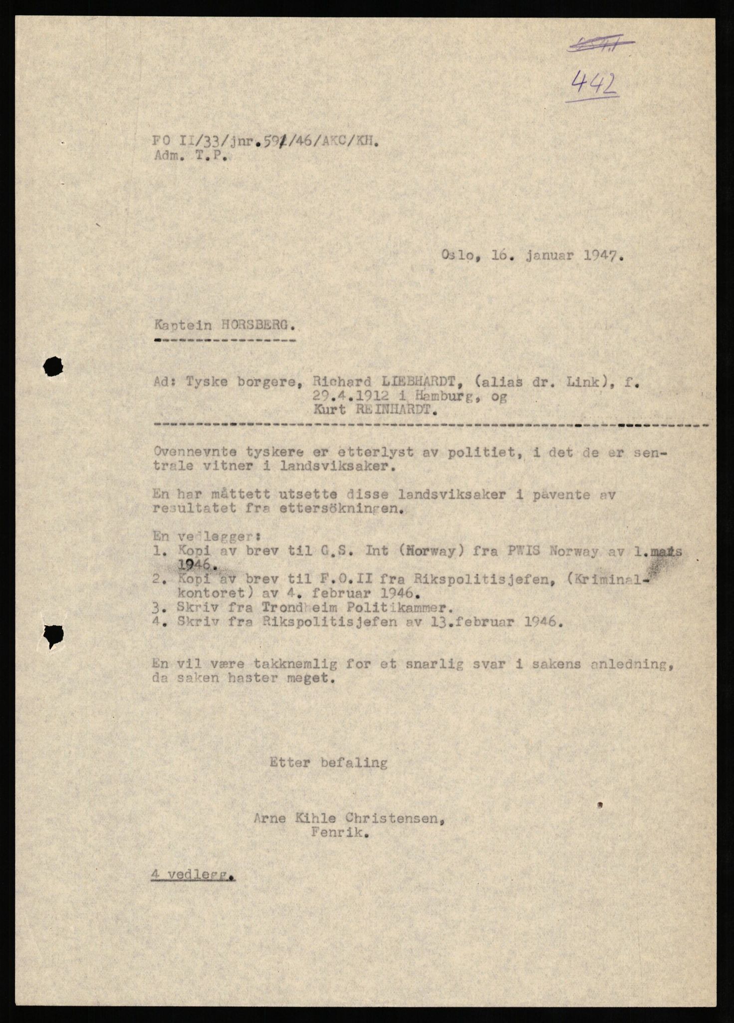 Forsvaret, Forsvarets overkommando II, AV/RA-RAFA-3915/D/Db/L0027: CI Questionaires. Tyske okkupasjonsstyrker i Norge. Tyskere., 1945-1946, p. 176