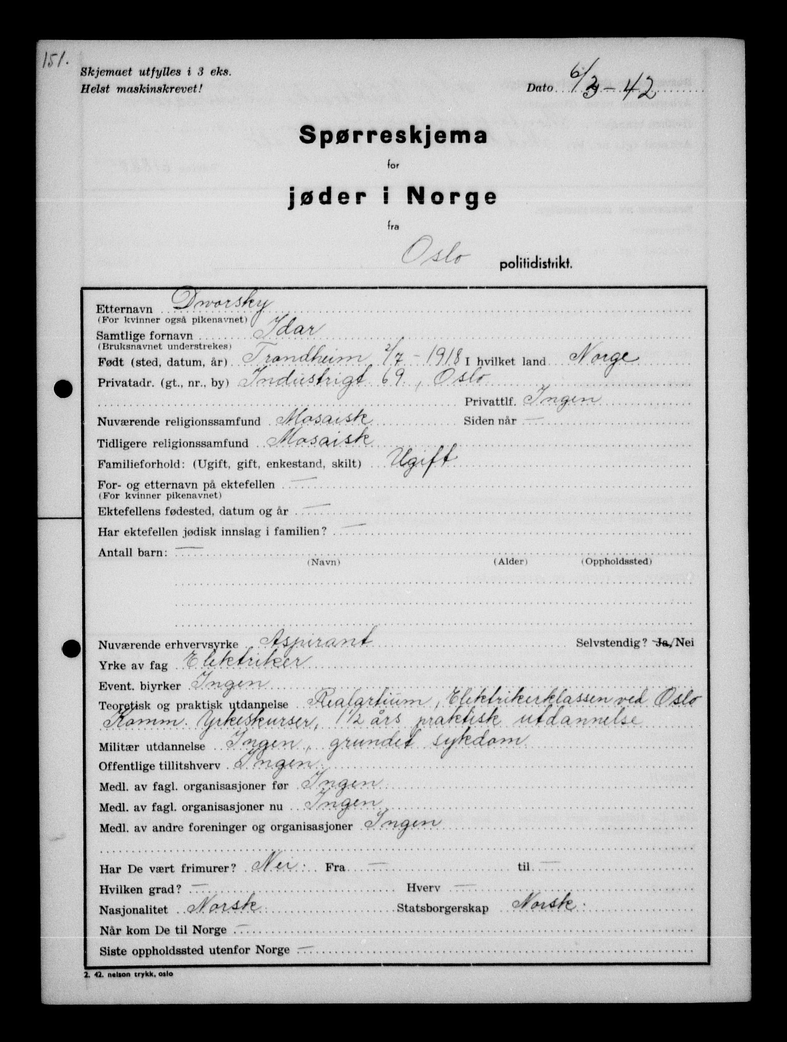 Statspolitiet - Hovedkontoret / Osloavdelingen, AV/RA-S-1329/G/Ga/L0009: Spørreskjema for jøder i Norge, Oslo Alexander-Gutman, 1942, p. 454