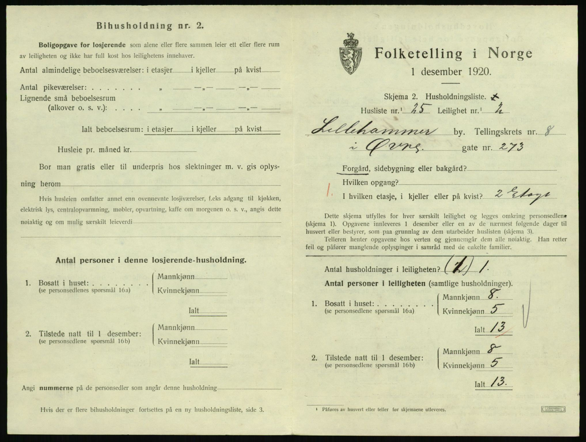 SAH, 1920 census for Lillehammer, 1920, p. 2924