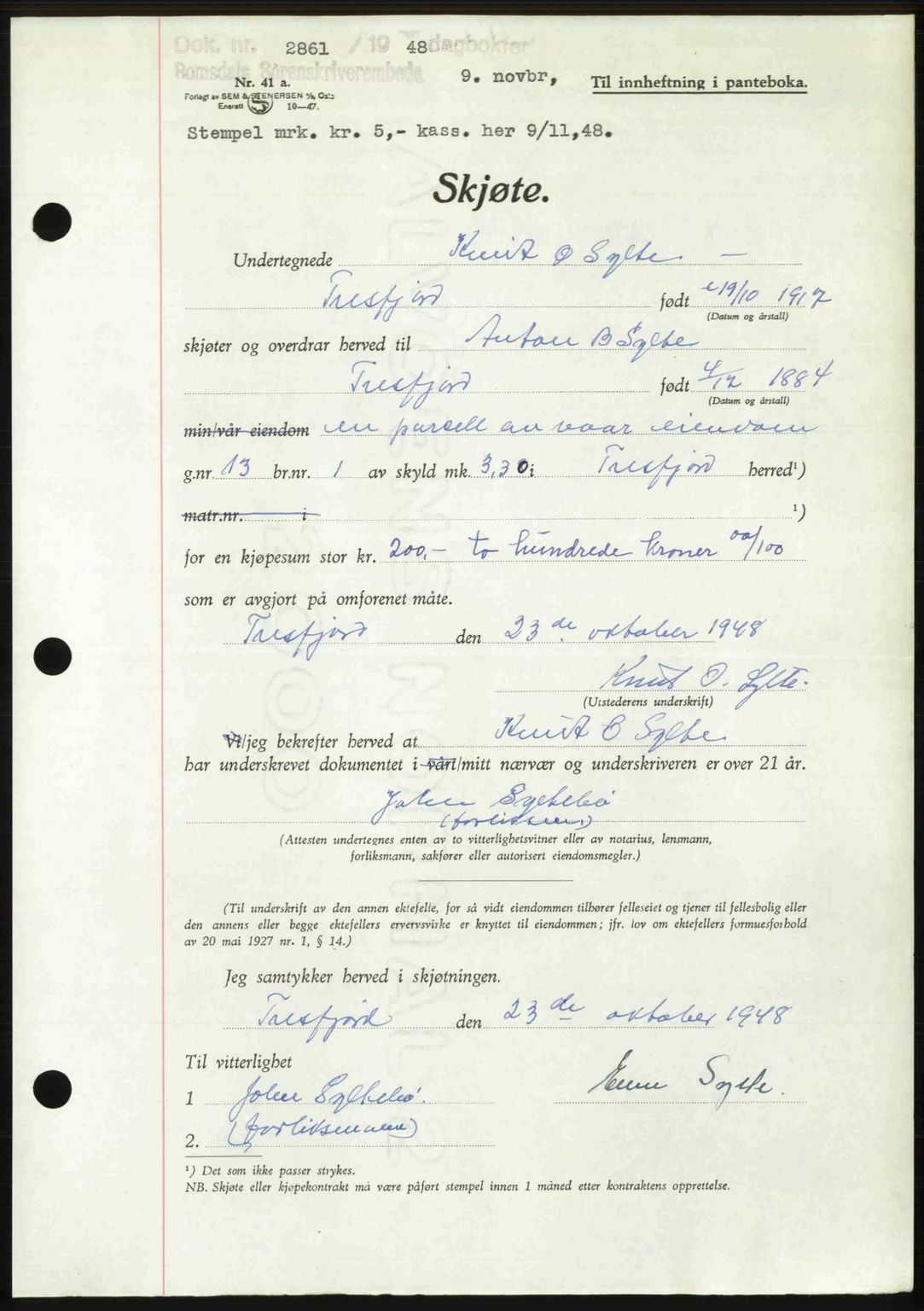 Romsdal sorenskriveri, AV/SAT-A-4149/1/2/2C: Mortgage book no. A27, 1948-1948, Diary no: : 2861/1948