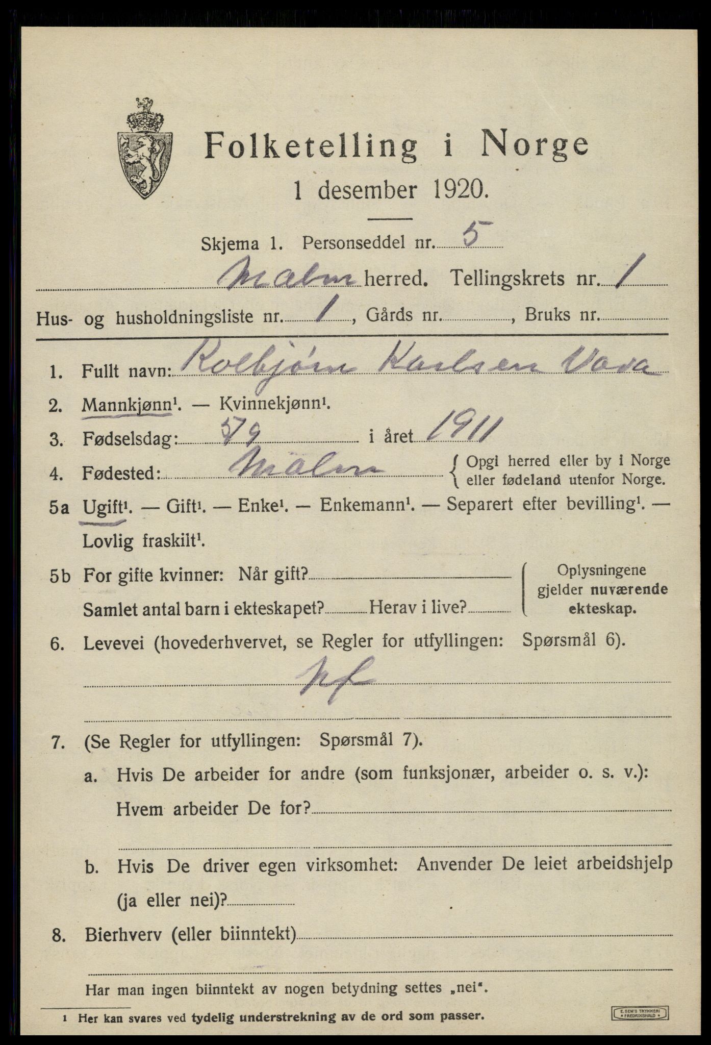 SAT, 1920 census for Malm, 1920, p. 381