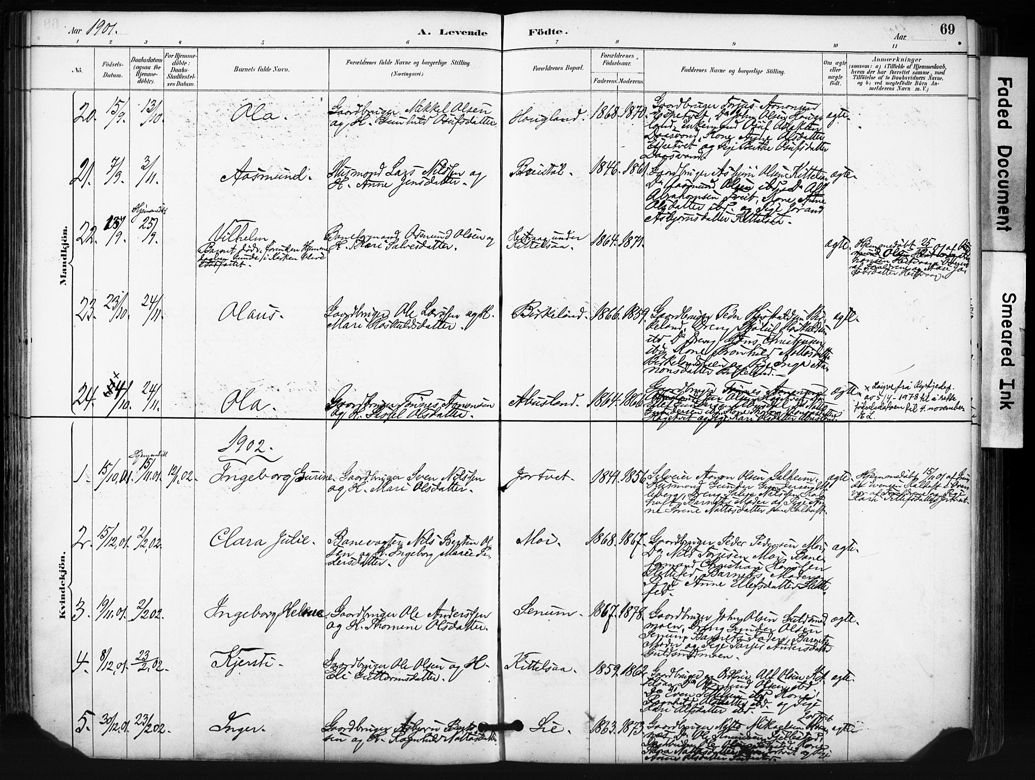 Evje sokneprestkontor, SAK/1111-0008/F/Fa/Fab/L0003: Parish register (official) no. A 3, 1884-1909, p. 69