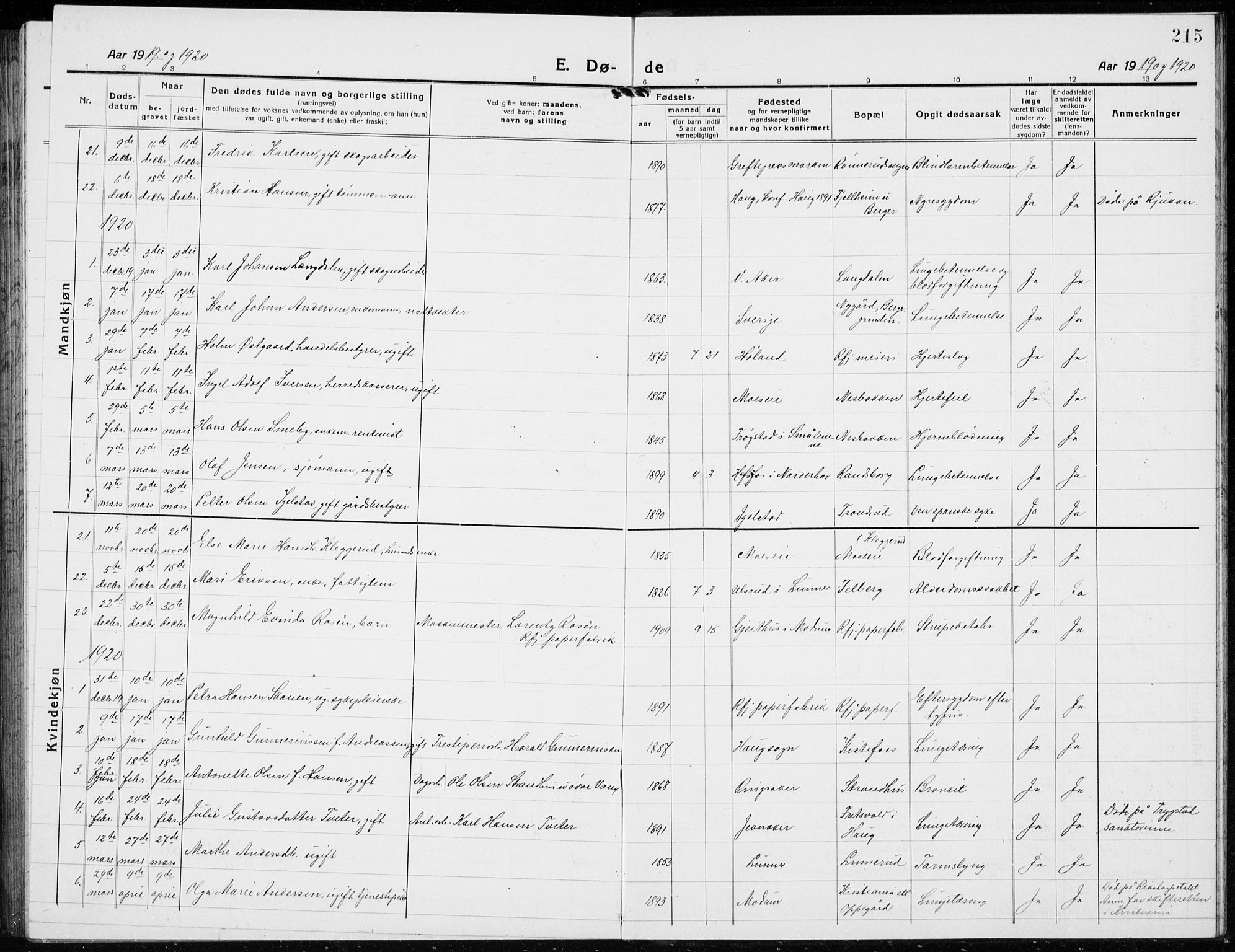 Jevnaker prestekontor, SAH/PREST-116/H/Ha/Hab/L0005: Parish register (copy) no. 5, 1919-1934, p. 215