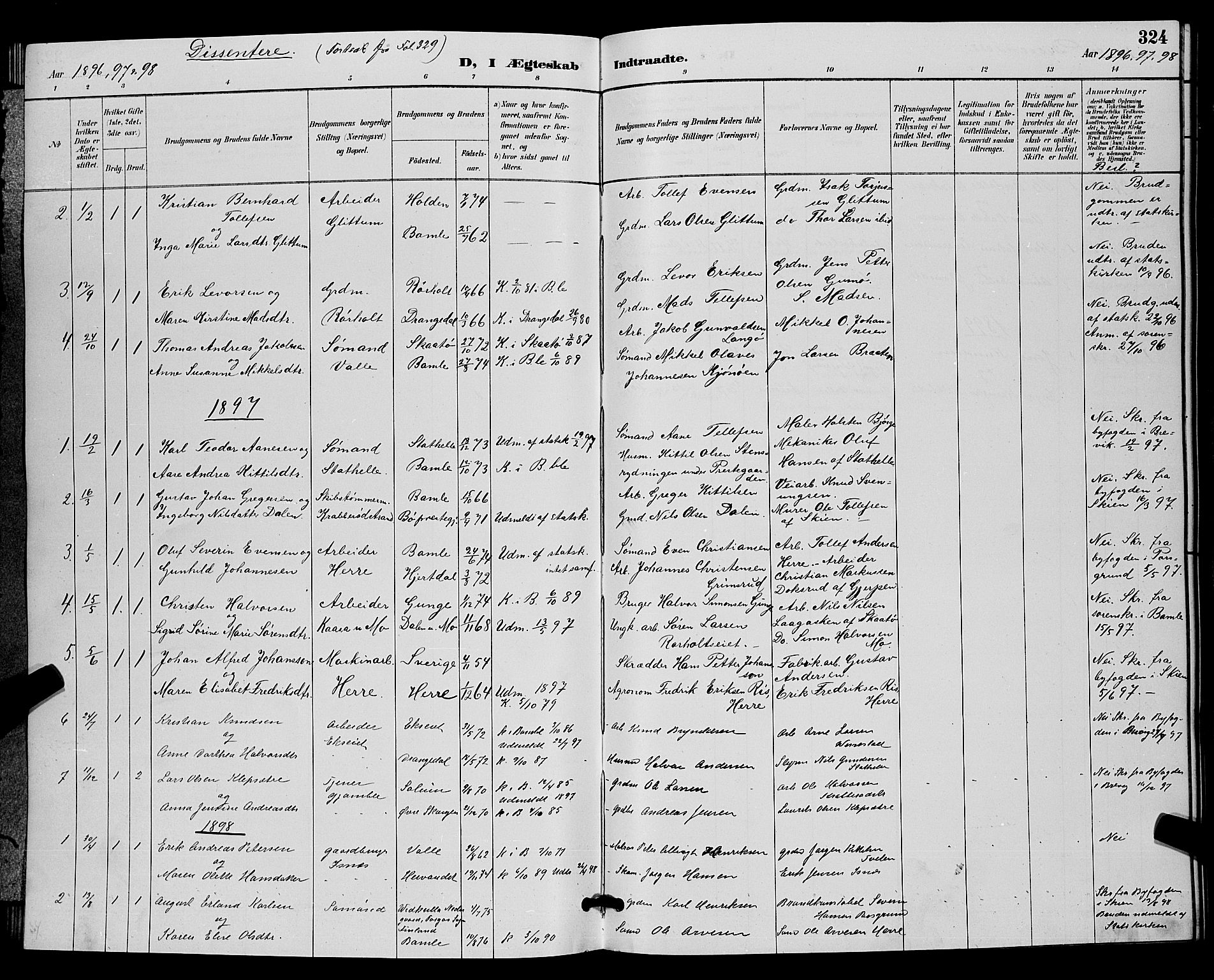 Bamble kirkebøker, AV/SAKO-A-253/G/Ga/L0009: Parish register (copy) no. I 9, 1888-1900, p. 324