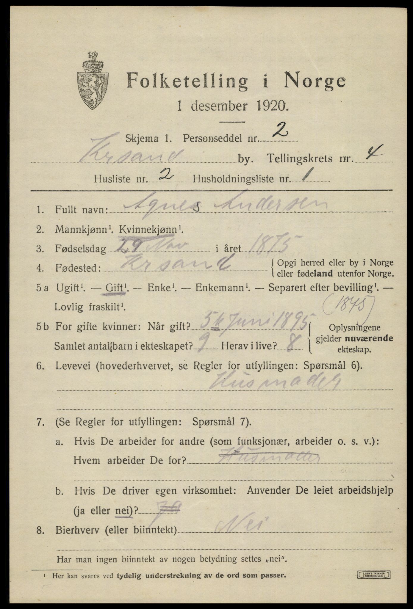 SAK, 1920 census for Kristiansand, 1920, p. 15339