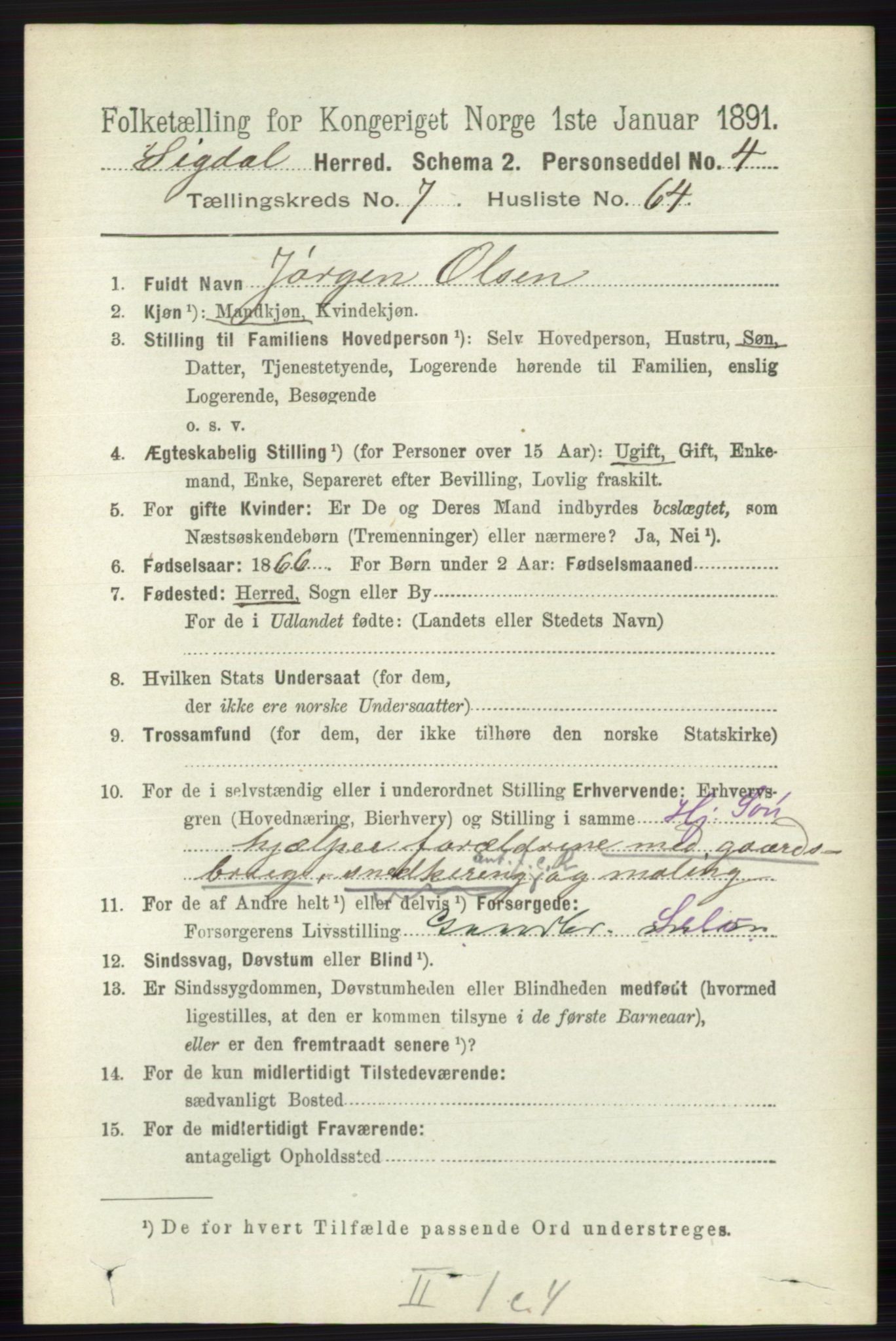 RA, 1891 census for 0621 Sigdal, 1891, p. 3088