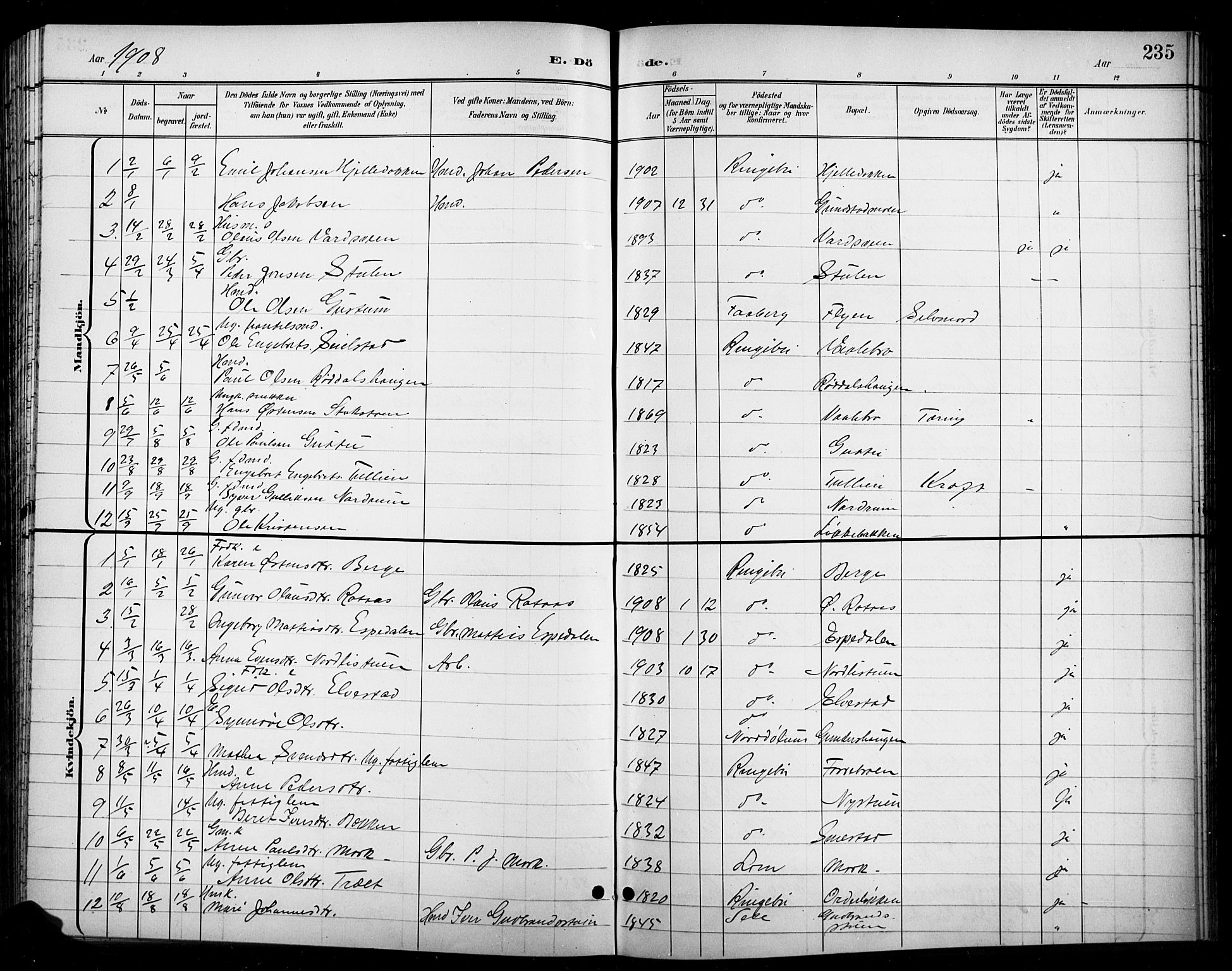 Ringebu prestekontor, SAH/PREST-082/H/Ha/Hab/L0009: Parish register (copy) no. 9, 1899-1921, p. 235