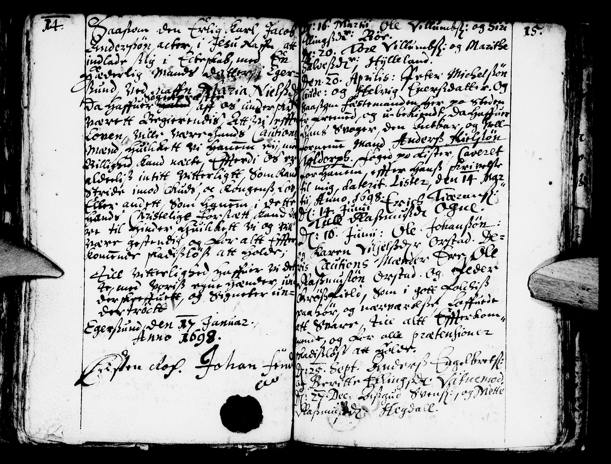 Eigersund sokneprestkontor, SAST/A-101807/S08/L0001: Parish register (official) no. A 1, 1664-1717, p. 14-15