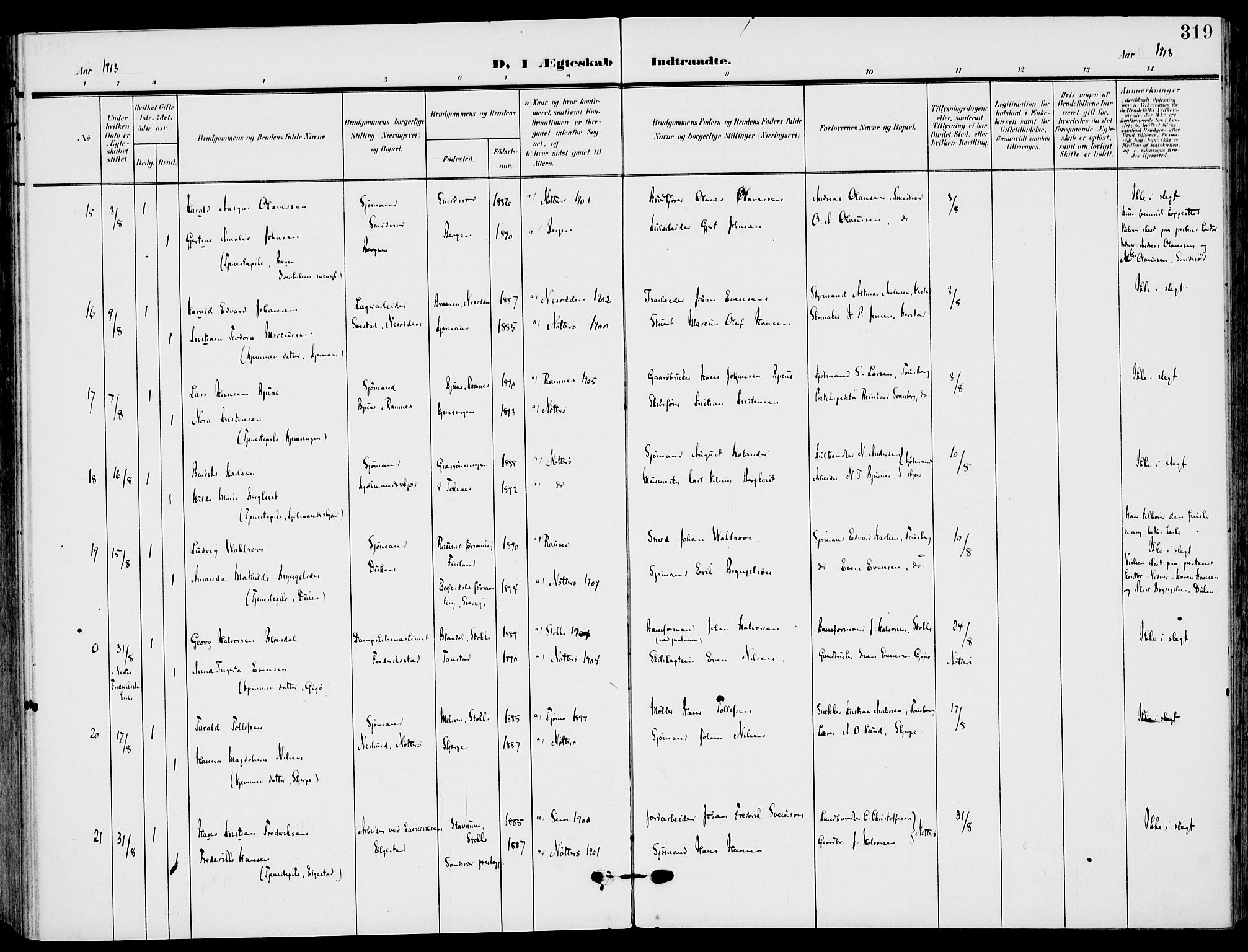 Nøtterøy kirkebøker, AV/SAKO-A-354/F/Fa/L0010: Parish register (official) no. I 10, 1908-1919, p. 319