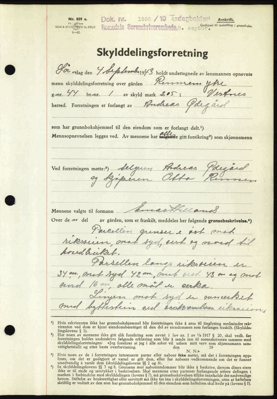 Romsdal sorenskriveri, AV/SAT-A-4149/1/2/2C: Mortgage book no. A14, 1943-1943, Diary no: : 1553/1943